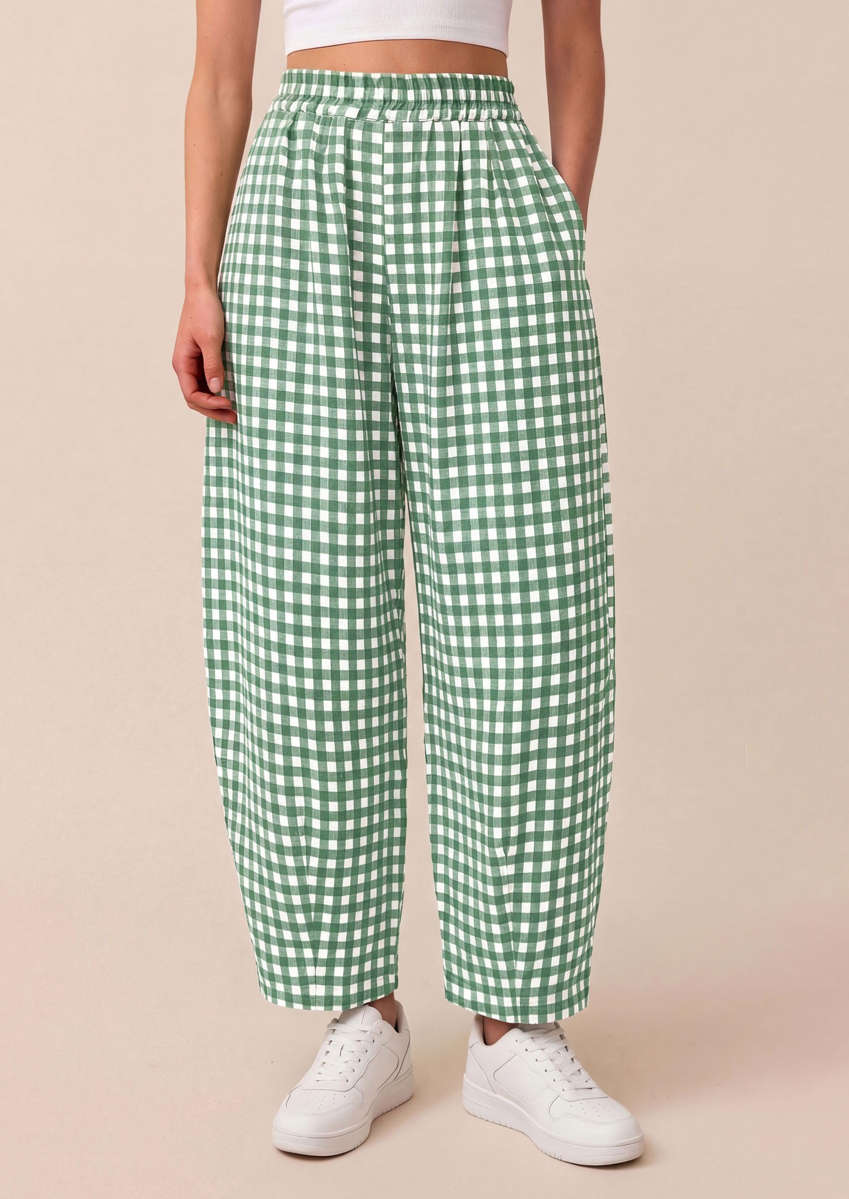 PRETTYGARDEN Plaid Barrel Pants Women Summer Casual Loose Wide Leg Lounge Gingham Trousers Spring Fashion Beach Bottoms
