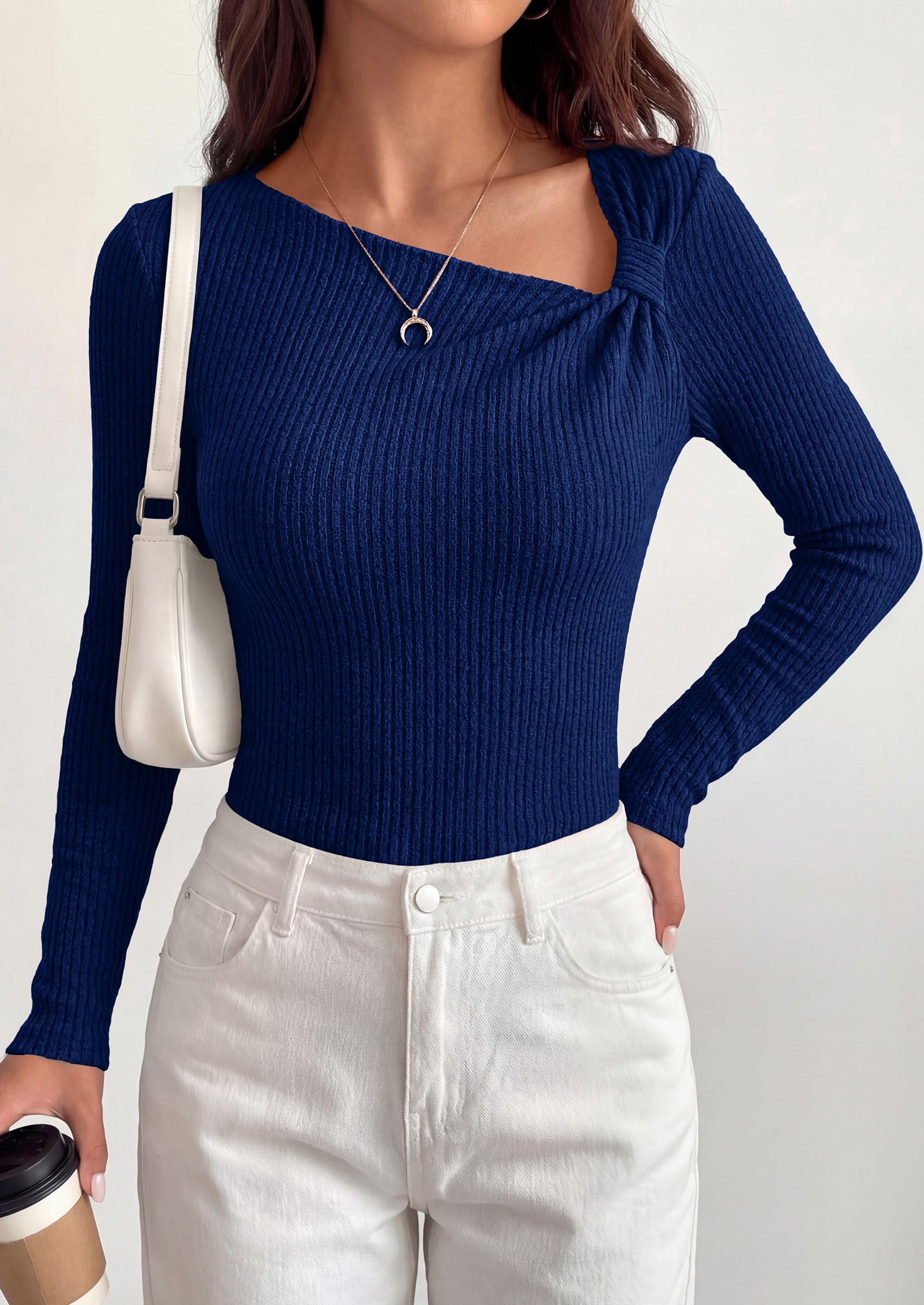 PRETTYGARDEN Womens  Early Fall Fashion Long Sleeve T Shirts Asymmetrical Ribbed Fitted Trendy Going Out Tops Y2K Outfits
