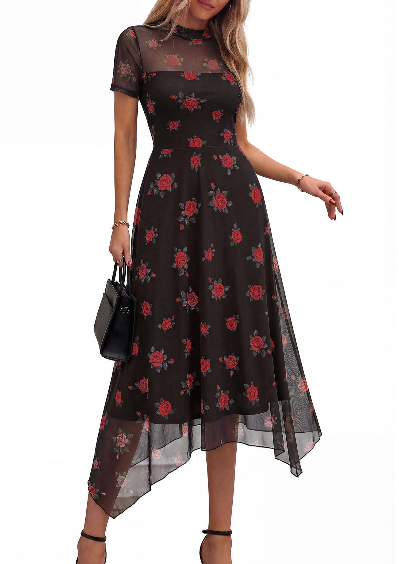 PRETTYGARDEN Cocktail Dresses for Women  Summer Short Sleeve Floral Mesh Sheer Midi Party Wedding Guest Dress
