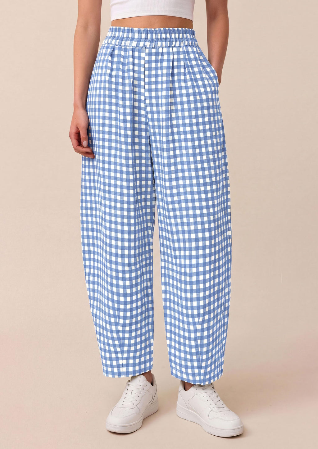 PRETTYGARDEN Plaid Barrel Pants Women Summer Casual Loose Wide Leg Lounge Gingham Trousers Spring Fashion Beach Bottoms