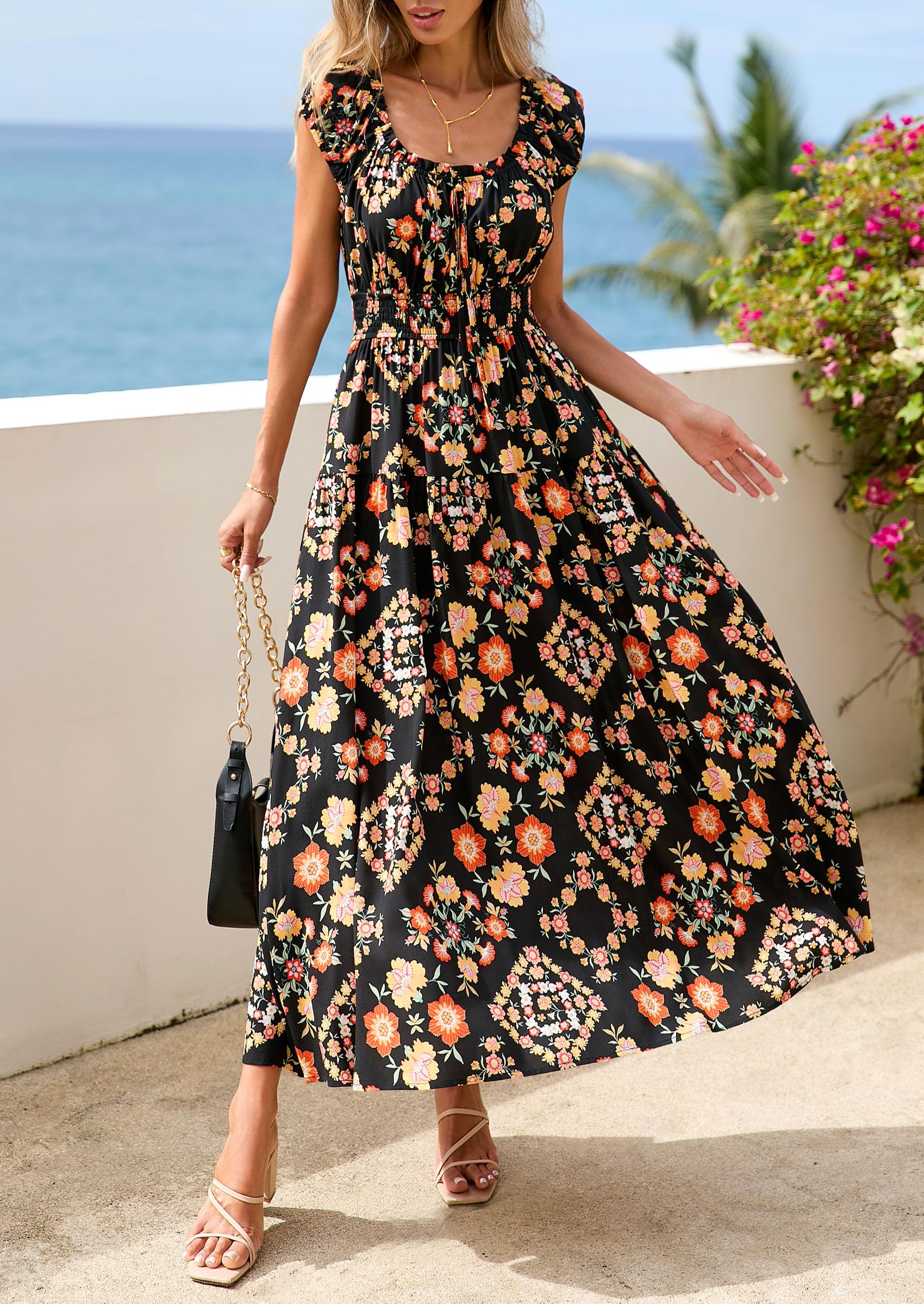 PRETTYGARDEN Boho Maxi Dresses for Women  Summer Floral Wedding Guest Dress Resort Wear Spring Long Flowy Beach Sundress