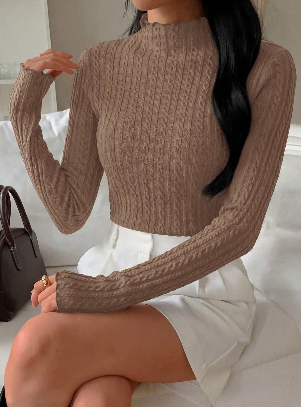PRETTYGARDEN Women's Fall Long Sleeve Fitted Shirts | Comfy Stretchy Cable Knit, Trendy Lettuce Trim Mock Neck, Casual Basic Tees, Cute Layering Tops, 2026 Fashion Clothing