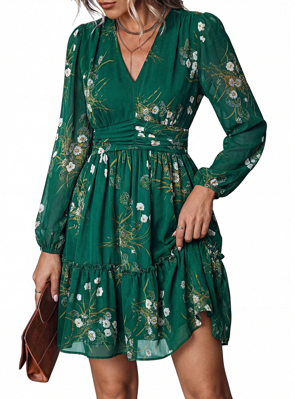 PRETTYGARDEN Women Floral Long Sleeve Mini Dress | Fall Wedding Guest Dresses, V Neck, Fit & Flare, Ruffle Hem A-Line, Short Chiffon Dress, Elegant Holiday Party, Date Outfits