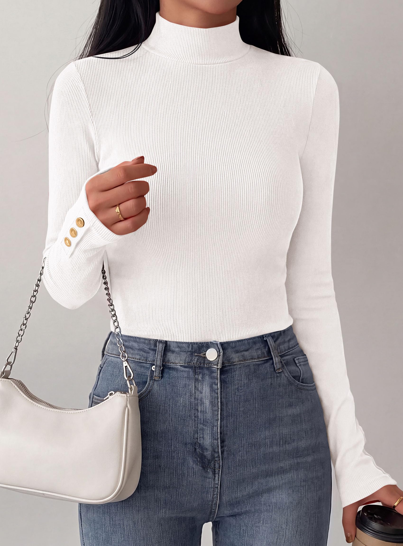 PRETTYGARDEN Women's Ribbed Mock Neck Long Sleeve Tops | Slim Fitted T-Shirts, Soft Stretch, Decorative Buttons, Going Out Work Casual Wear, Fall Outfits Layering Winter Clothes