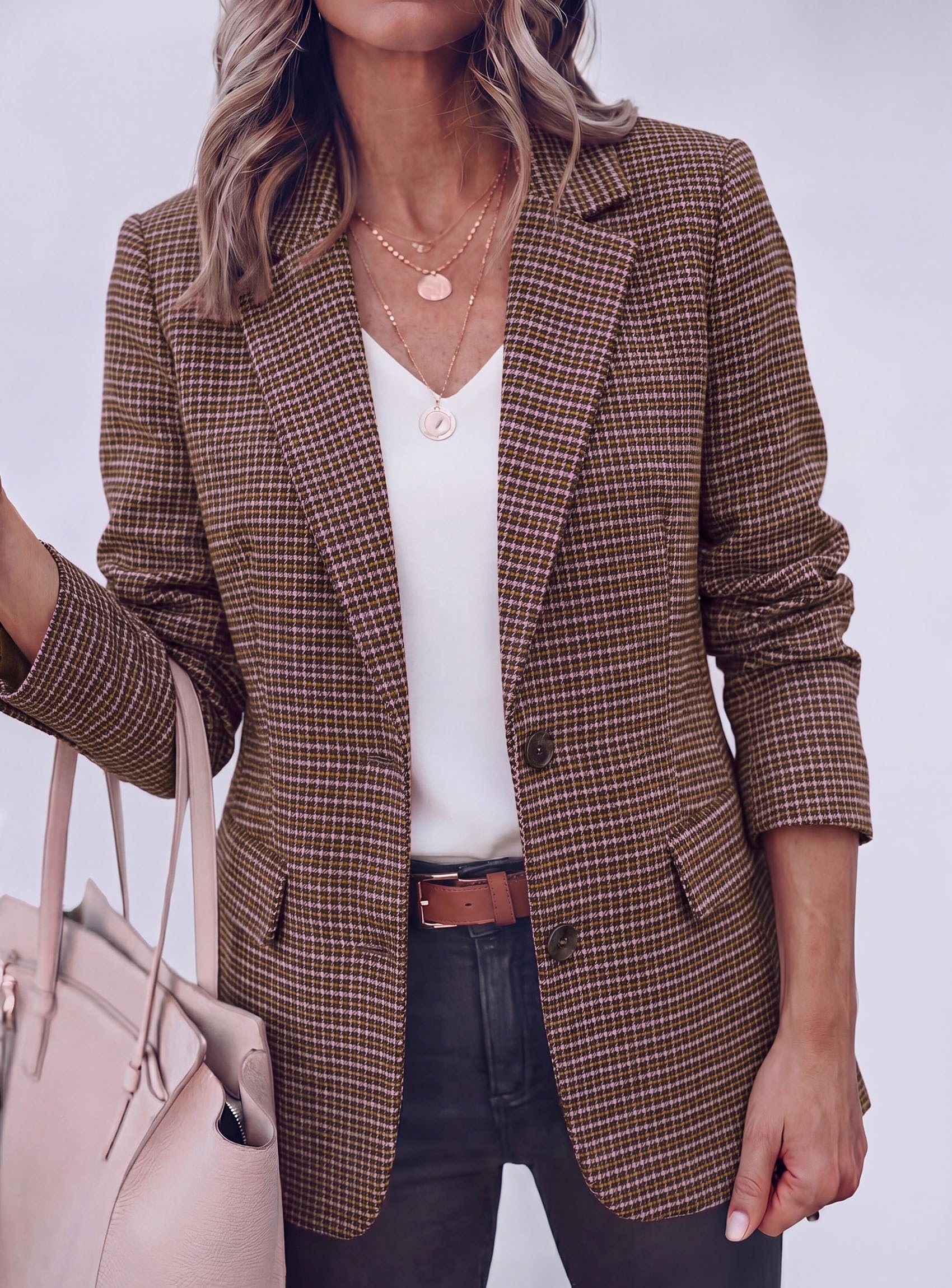 PRETTYGARDEN Fall Blazers for Women Business Casual | Long Sleeve Plaid Houndstooth, Notch Lapel Pockets, Oversized Blazer Outerwear, Trendy Suit Jackets, 2026 Winter Work Outfits