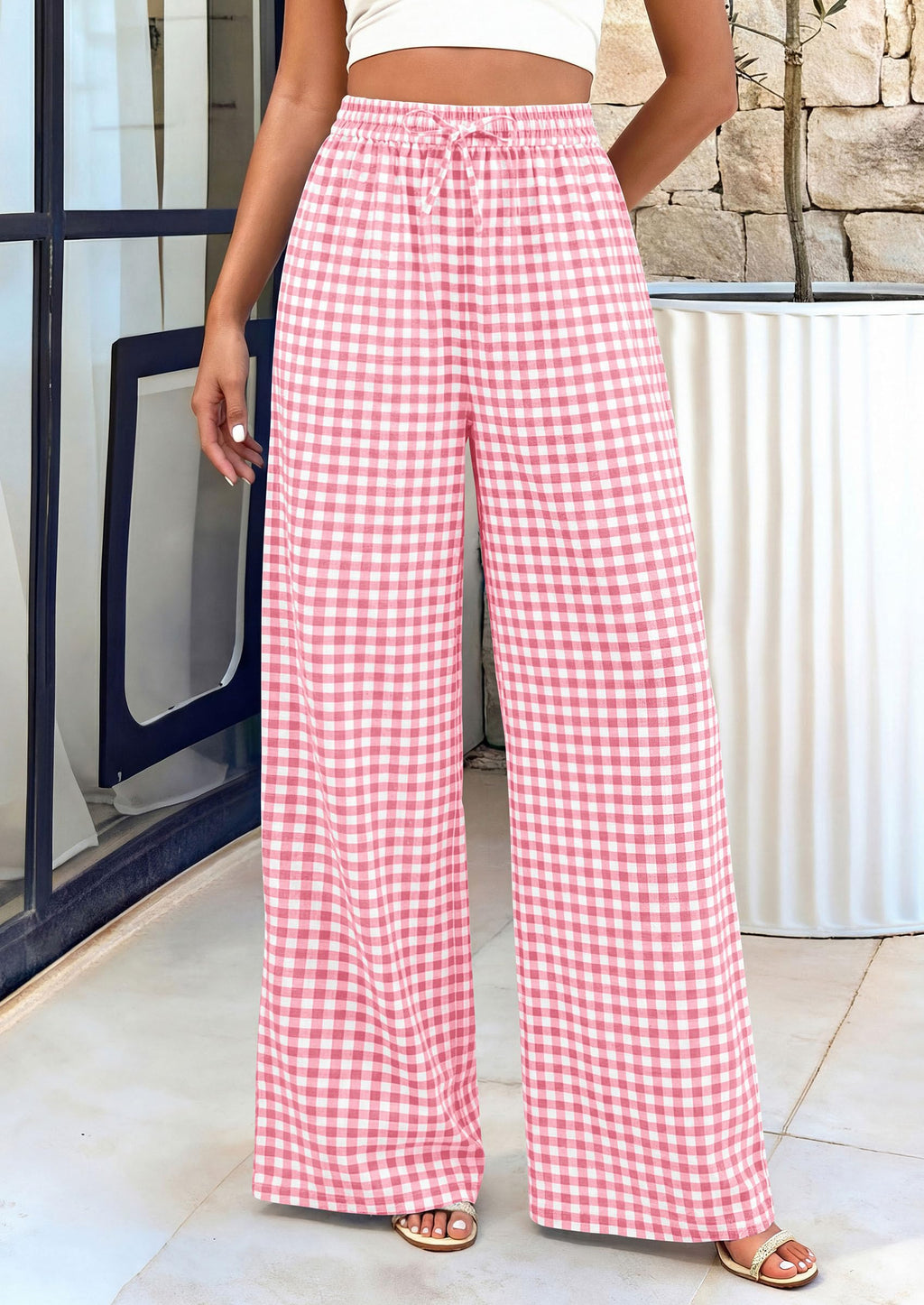 PRETTYGARDEN Women's Wide Leg Gingham Lounge Pants Summer  Casual Plaid Trousers Spring Y2K Clothes Comfy Pajama Bottoms