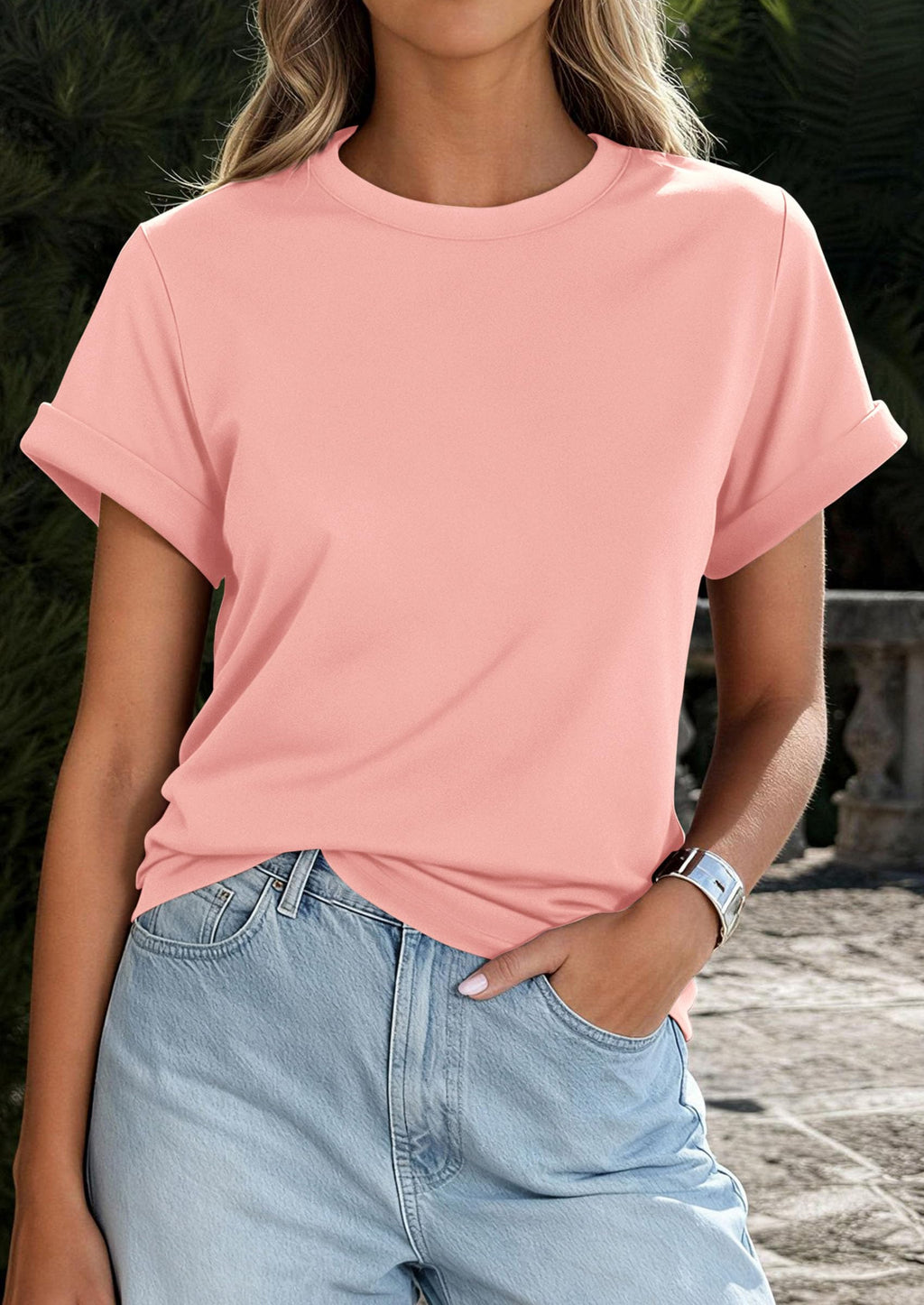 PRETTYGARDEN Womens Summer Tops Spring Casual Rolled Short Sleeve Basic Tees Crew Neck Work Shirts Fashion Clothing