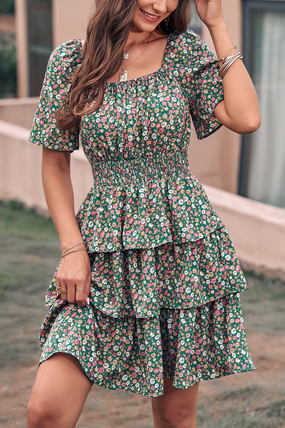 PRETTYGARDEN Women's  Floral Summer Short Dress Square Neck Short Sleeve Tiered Ruffle Boho Swing Dresses