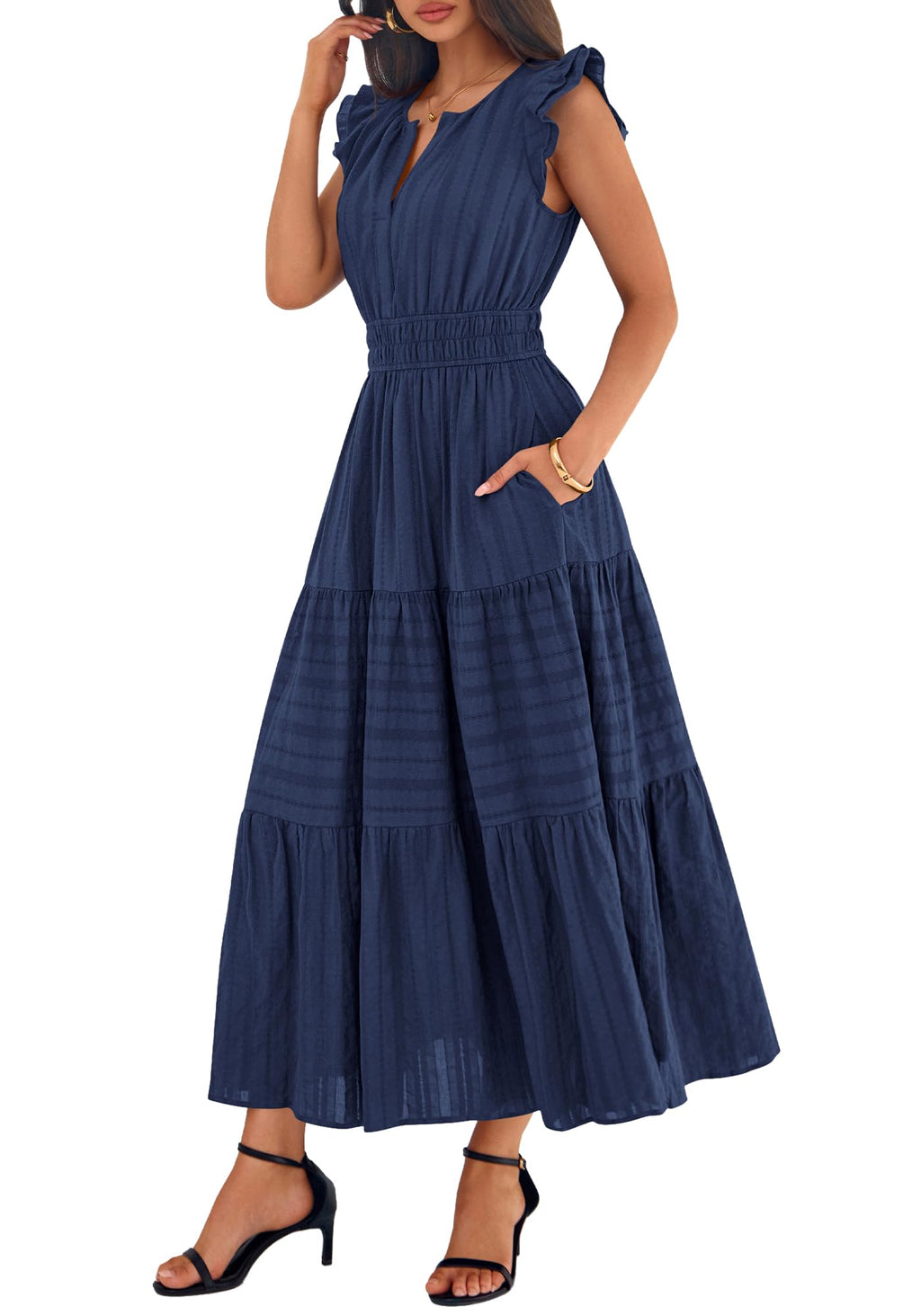 BTFBM Womens Summer Maxi Dress  Spring Boho Vacation Ruffle Flutter Short Sleeve A Line Tiered Flowy Dresses Pockets