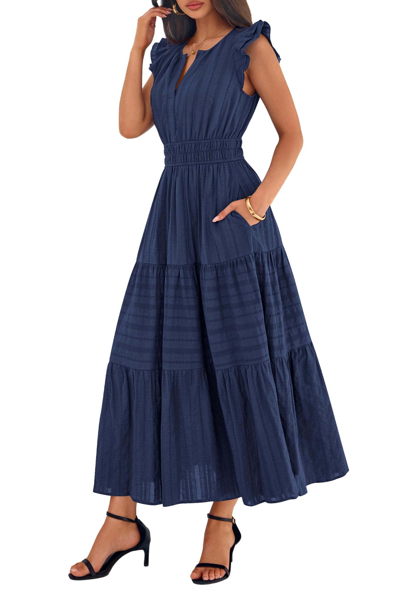 BTFBM Womens Summer Maxi Dress  Spring Boho Vacation Ruffle Flutter Short Sleeve A Line Tiered Flowy Dresses Pockets