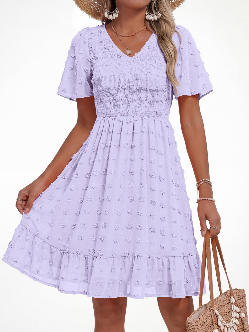 FreshPretty Womens Beach Vacation Dress Summer V Neck Short Sleeve Smocked Swiss Dot Ruffle Casual Mini Spring Dresses