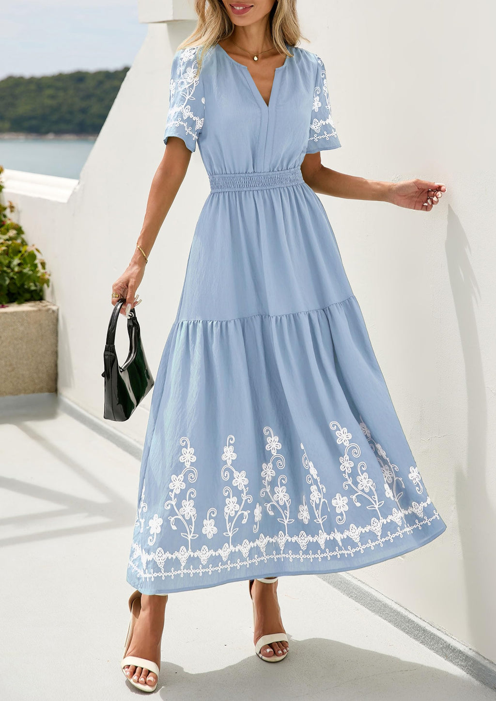 PRETTYGARDEN Women's Summer Boho Maxi Dress Spring Floral Short Sleeve V Neck A Line Flowy Beach Wedding Guest Dresses