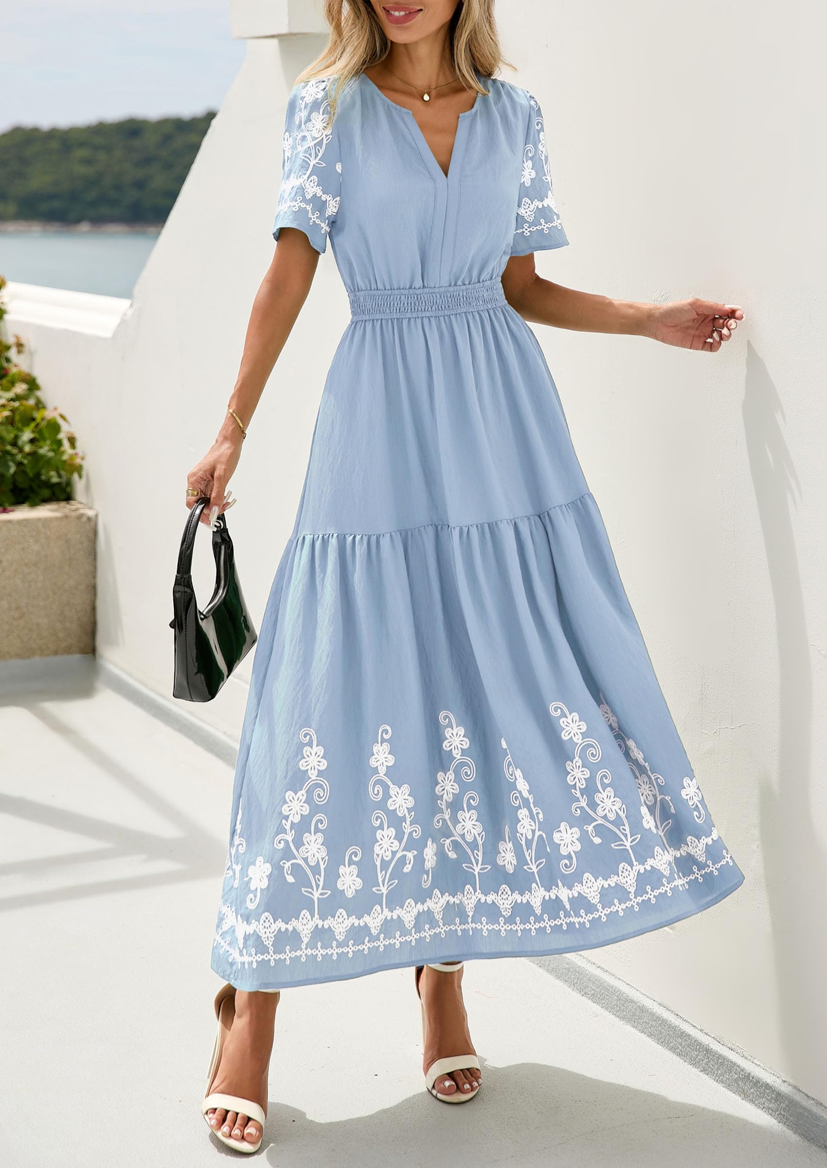 PRETTYGARDEN Women's Summer Boho Maxi Dress Spring Floral Short Sleeve V Neck A Line Flowy Beach Wedding Guest Dresses