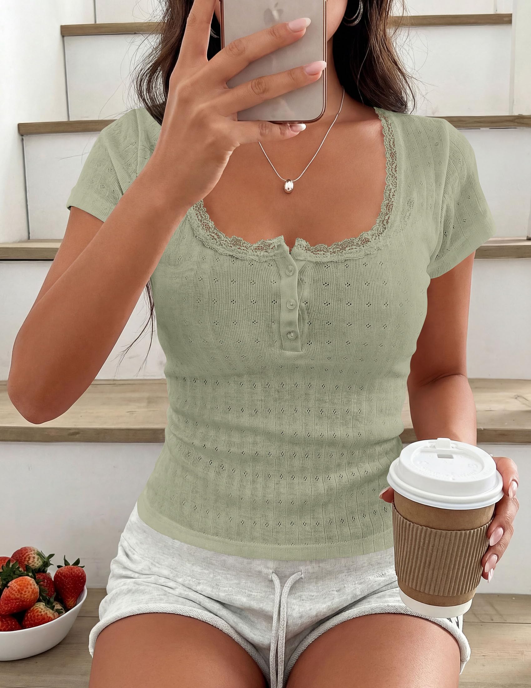 PRETTYGARDEN Summer Tops for Women Short Sleeve Lace Trim Slim Fitted Henley Tee Shirts Y2K Fashion Clothing