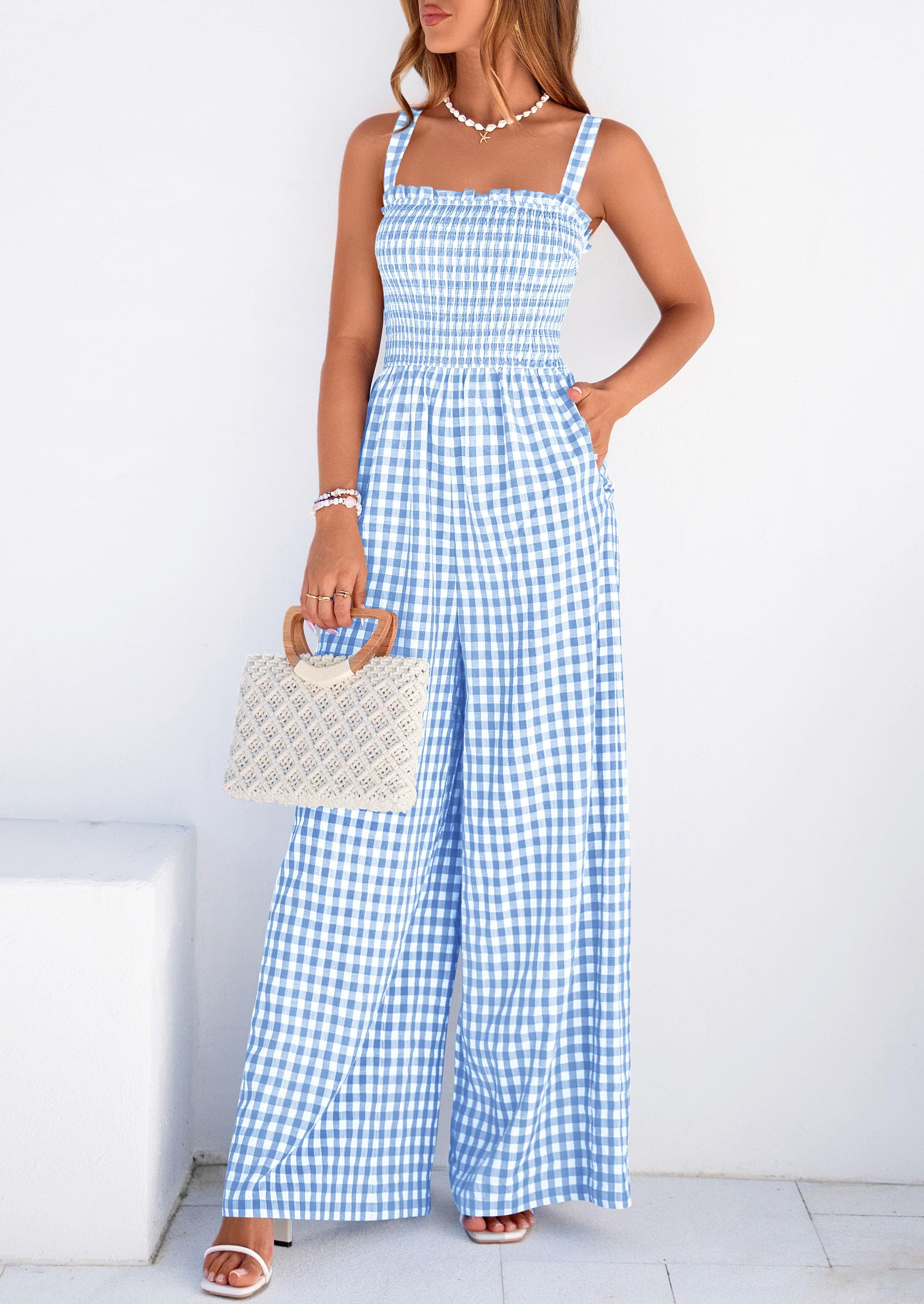 PRETTYGARDEN One Piece Jumpsuits for Women Casual Summer Cruise Outfits  Spring Fashion Smocked Wide Leg Gingham Rompers