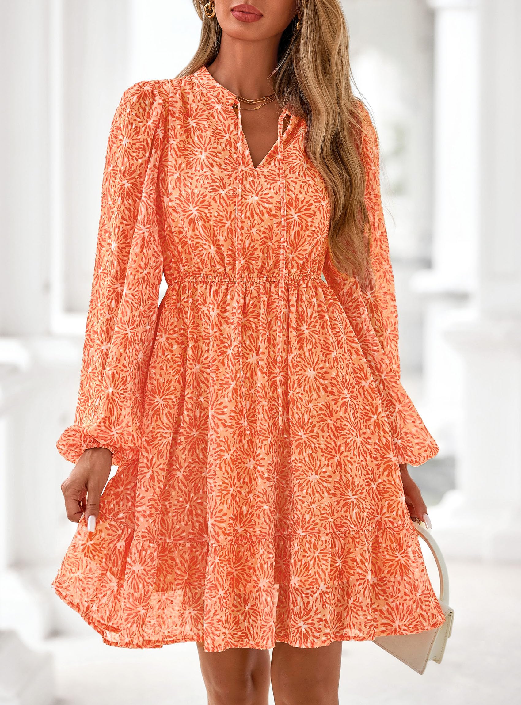 PRETTYGARDEN Women's Fall Boho Dresses  Floral Long Sleeve V Neck Mini Flowy Wedding Guest Dress Trendy Vacation Outfits