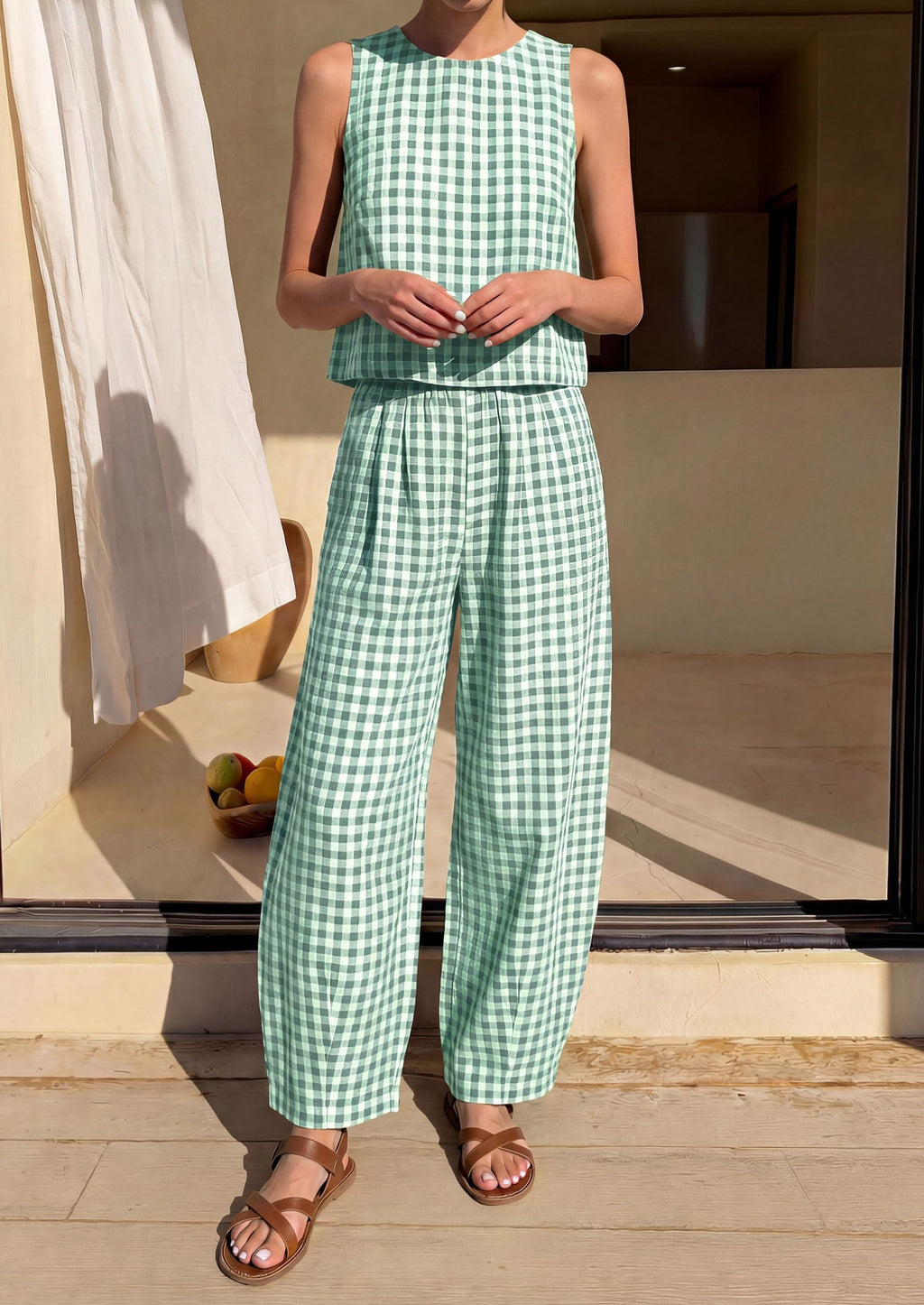 PRETTYGARDEN Womens 2 Piece Sets Summer Plaid Sleeveless Tops Wide Leg Pants Matching Lounge Set Beach Vacation Outfits
