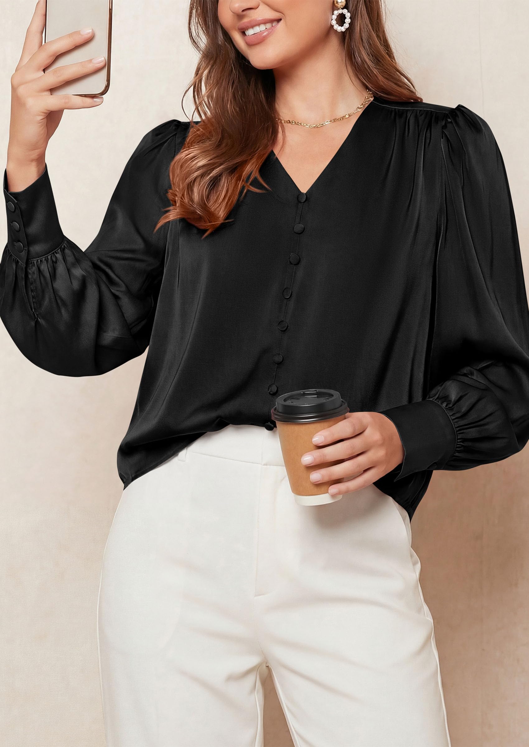 PRETTYGARDEN Satin Long Sleeve Womens Blouses Dressy Casual | Glossy Smooth Silk Fabric,Lantern Sleeve Fall Tops,Decorative Button Pullover,V Neck Shirts,Office Work Business Outfits