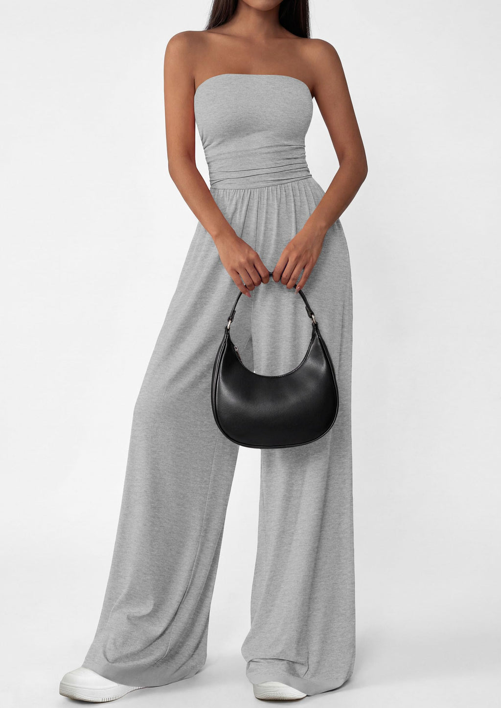 PRETTYGARDEN Womens Trendy Strapless Rompers Ruched Tube Top Wide Leg One Piece Jumpsuits Beach Vacation Summer Outfits