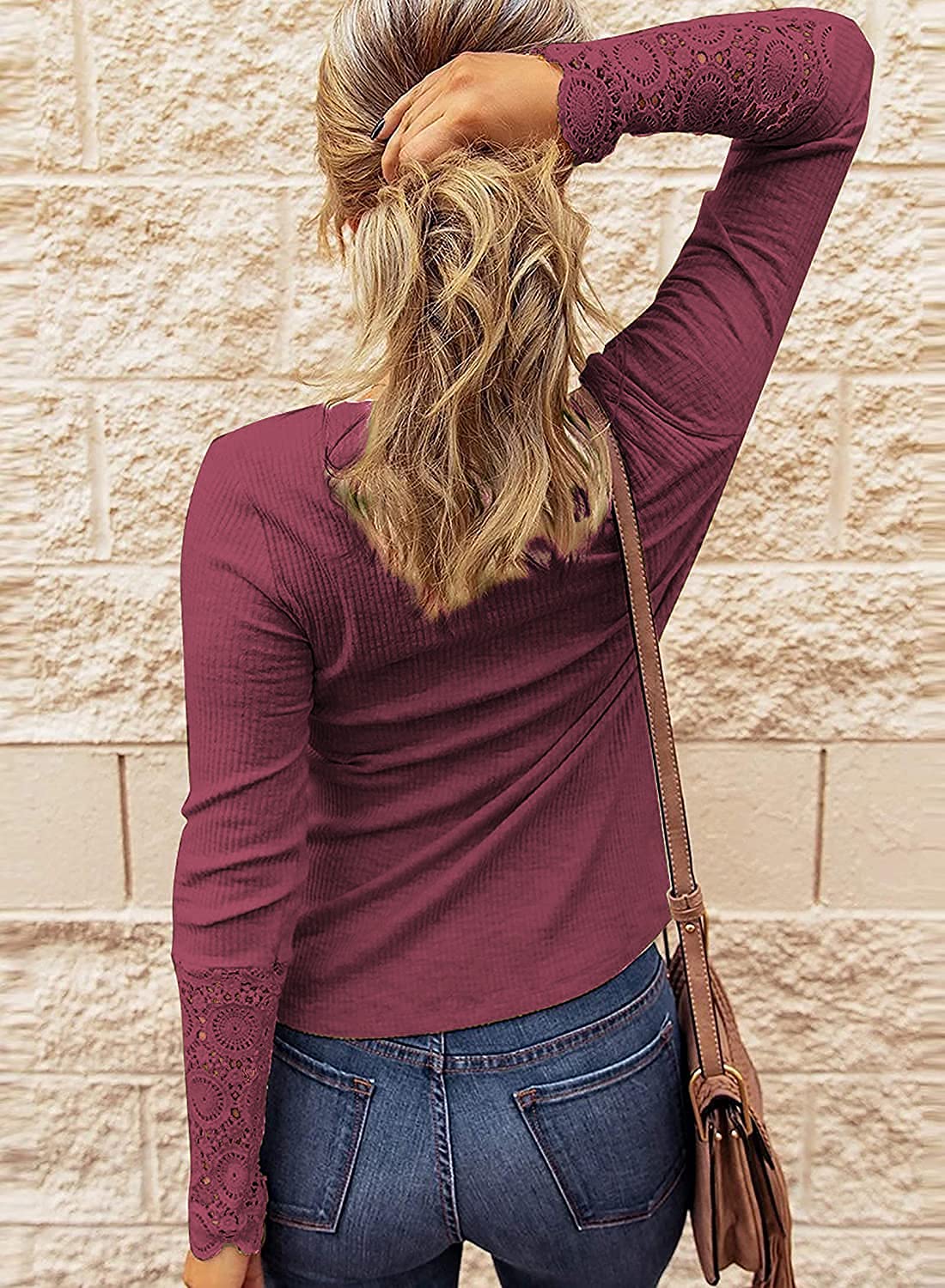 FreshPretty Women Long Sleeve Shirts Spring Solid Button Up V Neck Lace Long Sleeves Slim Fit Knit Casual Fall T-Shirts
