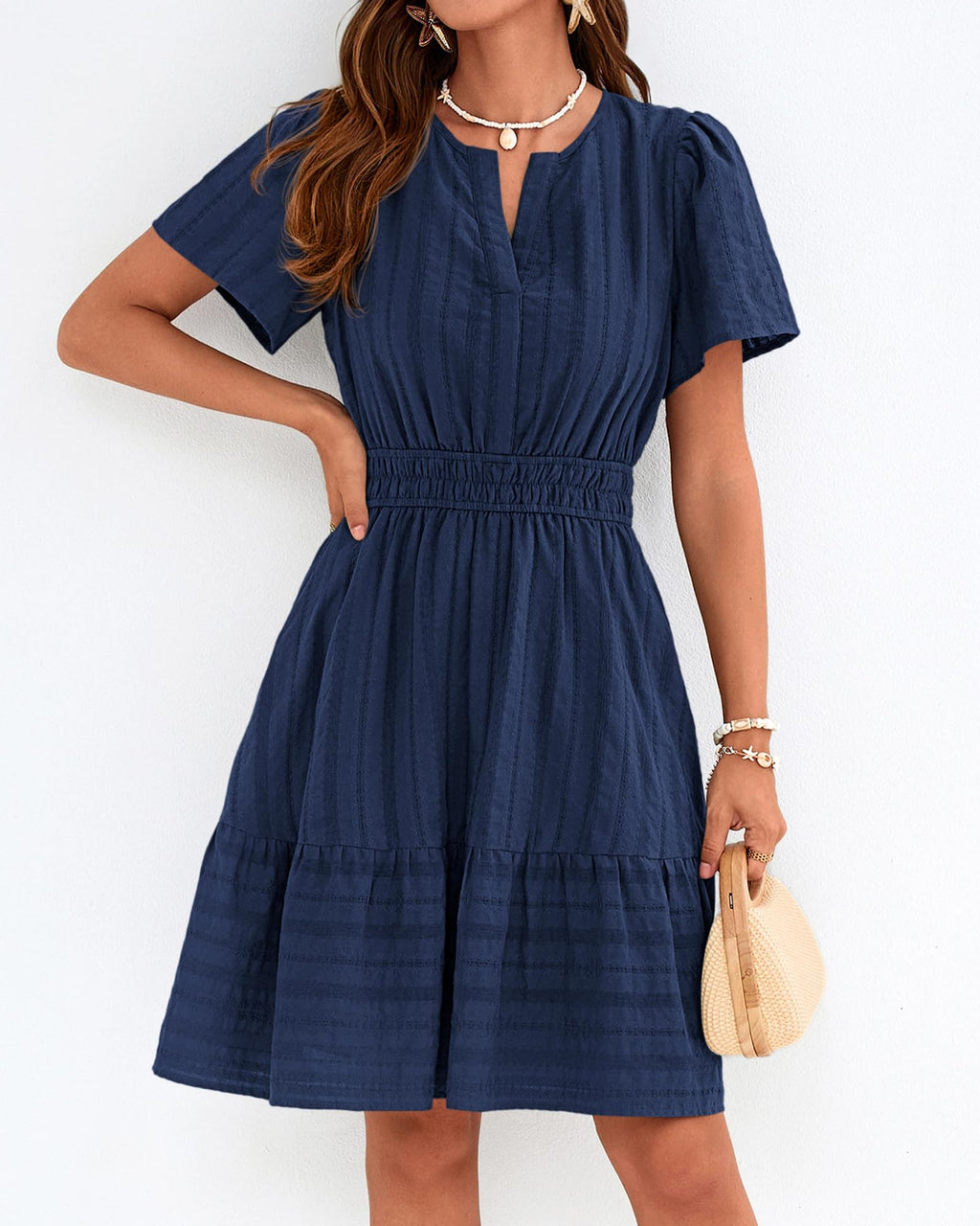 BTFBM Womens Spring  Casual Mini Dresses Lightweight Short Sleeve V Neck Elastic Waist Cute Boho Beach Dress Pockets