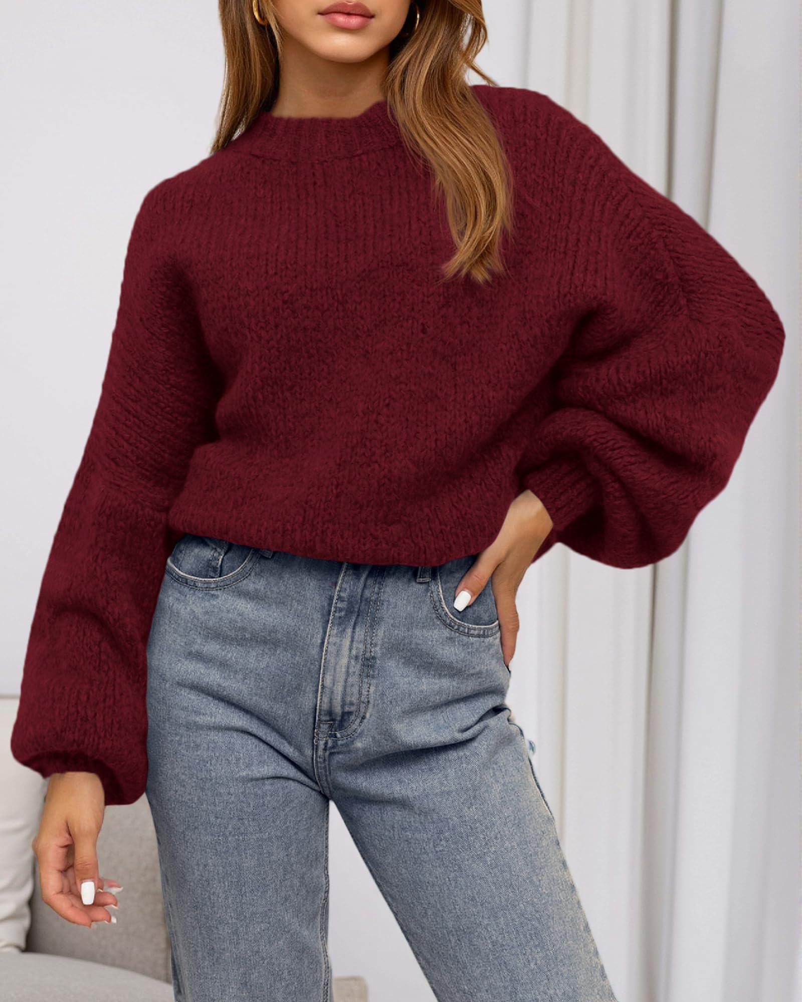 BTFBM Sweaters for Women Fall Crew Neck Lantern Long Sleeve Oversized Sweater Casual Knit Winter Pullover Tops