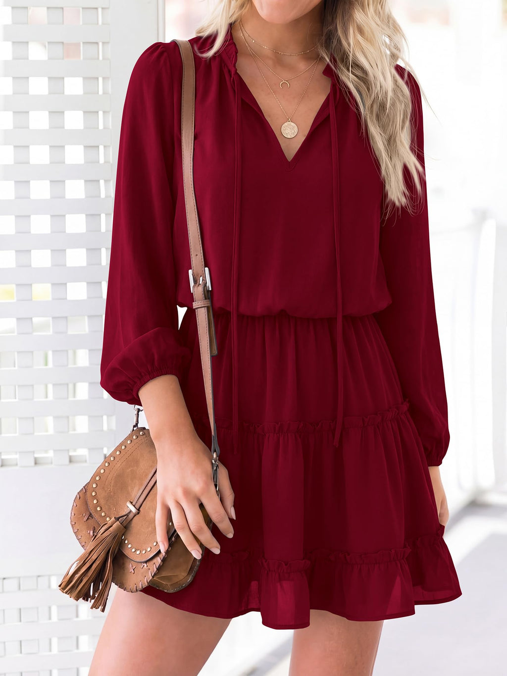 BTFBM Long Sleeve Summer Dresses for Women Casual Tie Neck Ruffle Tiered A Line Mini Spring Wedding Guest Dress