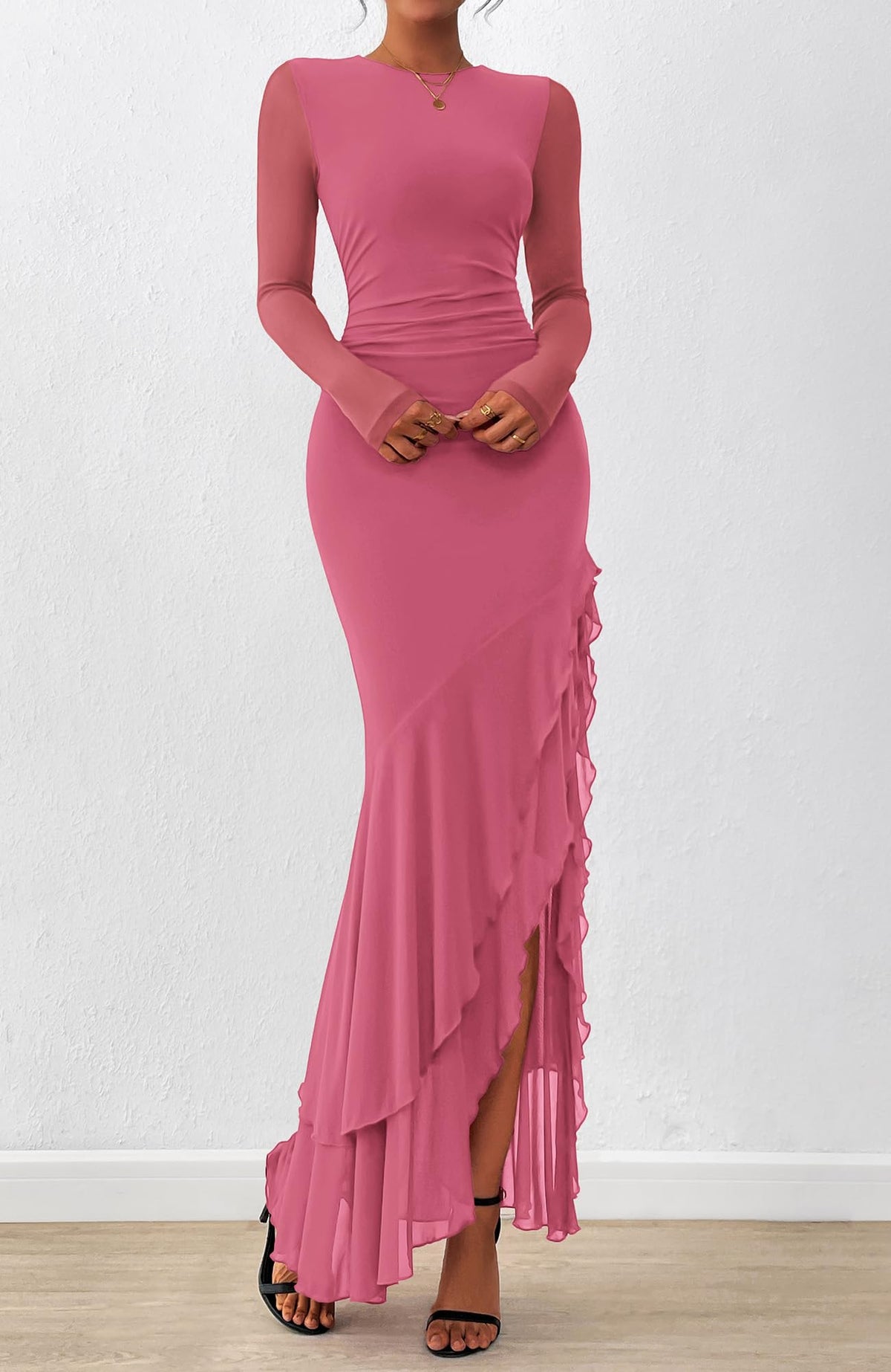BTFBM Women's Maxi Dresses Fall Long Sleeve Wedding Guest Dress Mesh,Ruched,Bodycon,High Split,Solid Color,Ruffle, Mermaid,Cocktail Dresses,Prom,Party,Homecoming Dress,Fall Outfits