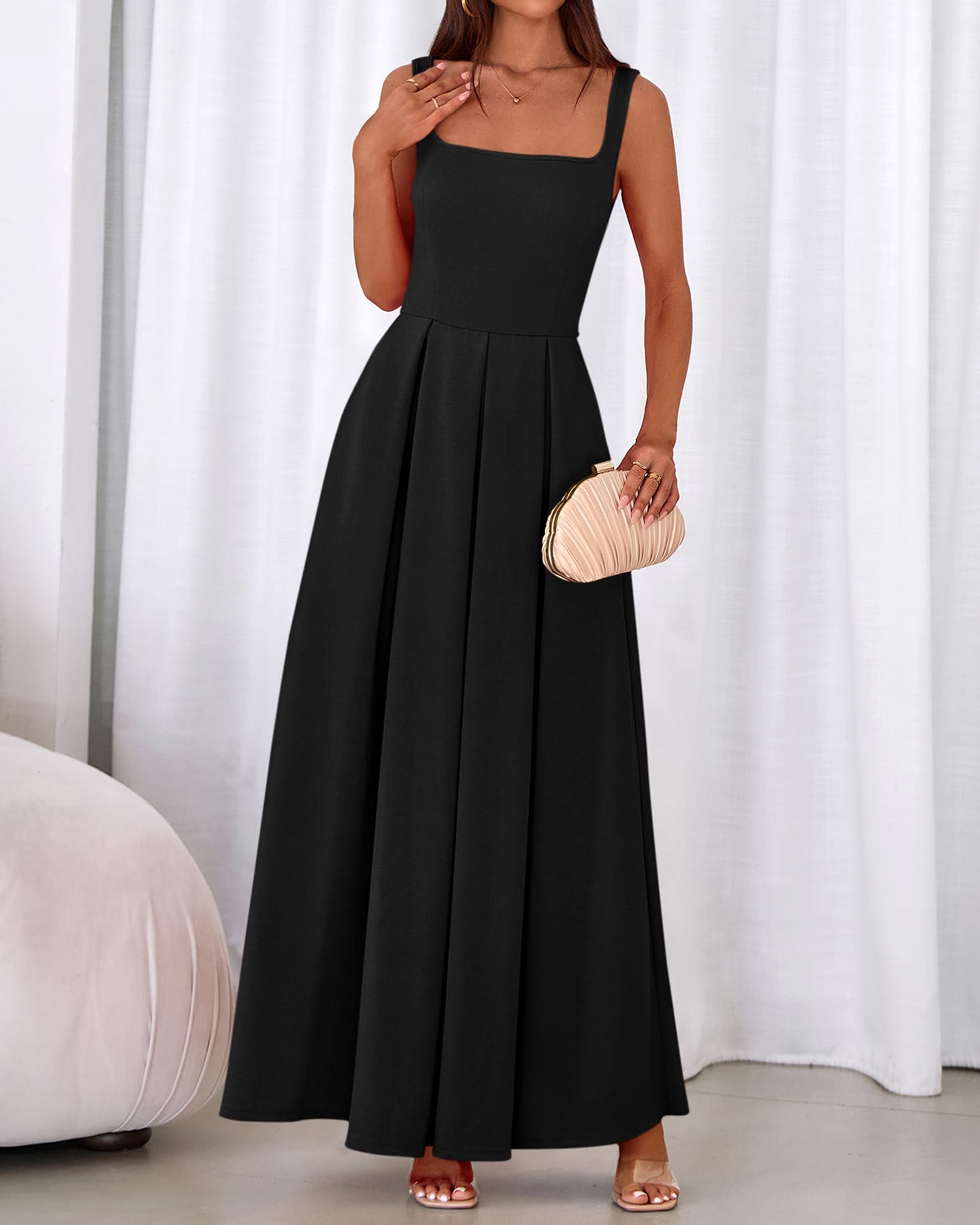 BTFBM Women Summer Square Neck Maxi Dress Spring Elegant Classy Sleeveless Formal Wedding Guest Cocktail Dresses