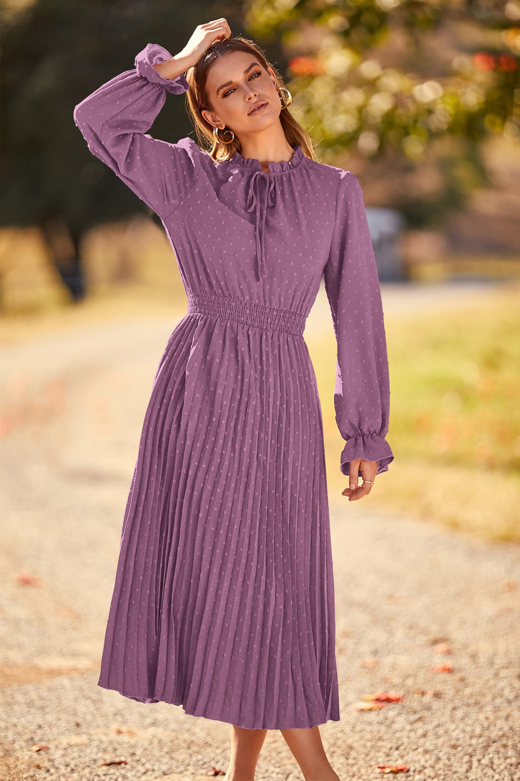 PRETTYGARDEN Women's Spring Fall Midi Dress Casual Long Sleeve V Neck Swiss Dot Pleated A Line Flowy Dresses