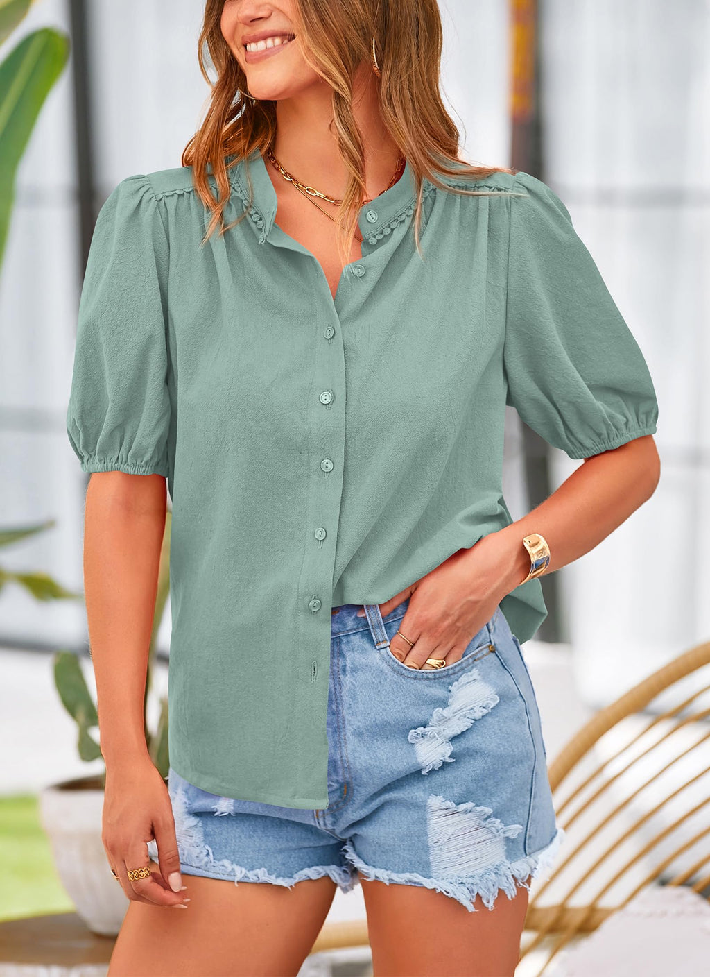 PRETTYGARDEN Women's Summer Button Down Shirts Short Lantern Sleeve V Neck Cotton Cute Dressy Casual Ladies Tops Blouses