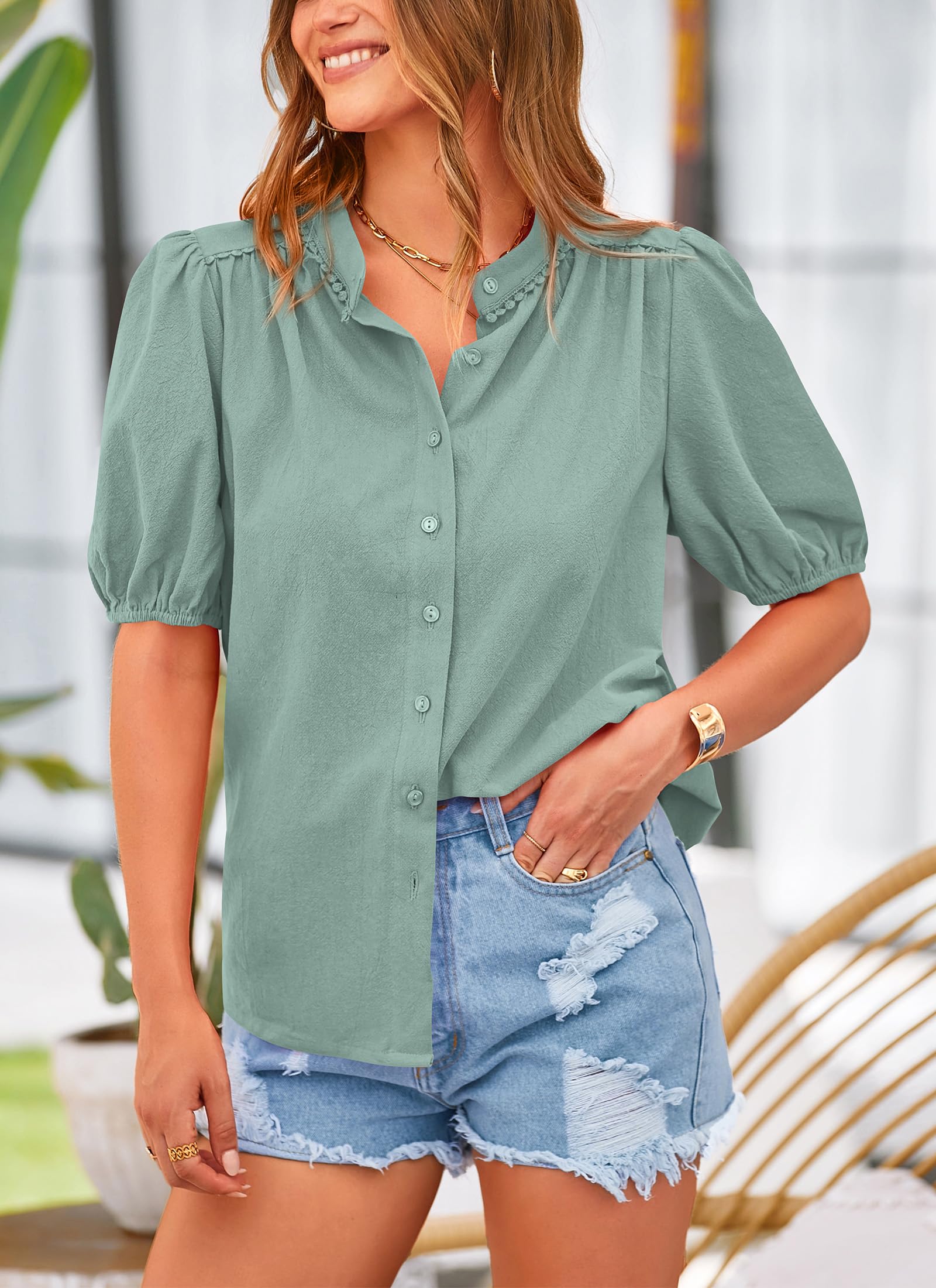 PRETTYGARDEN Women's Summer Button Down Shirts Short Lantern Sleeve V Neck Cotton Cute Dressy Casual Ladies Tops Blouses