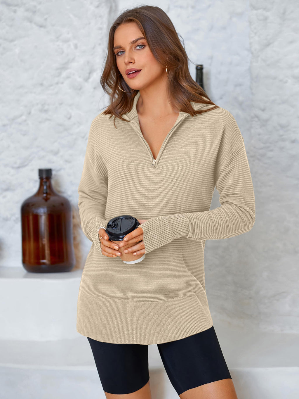 PRETTYGARDEN Womens Long Sleeve Quarter Zip Pullover Sweater Casual Loose V Neck Collared Ribbed Knit Jumper Tops Thumb Hole