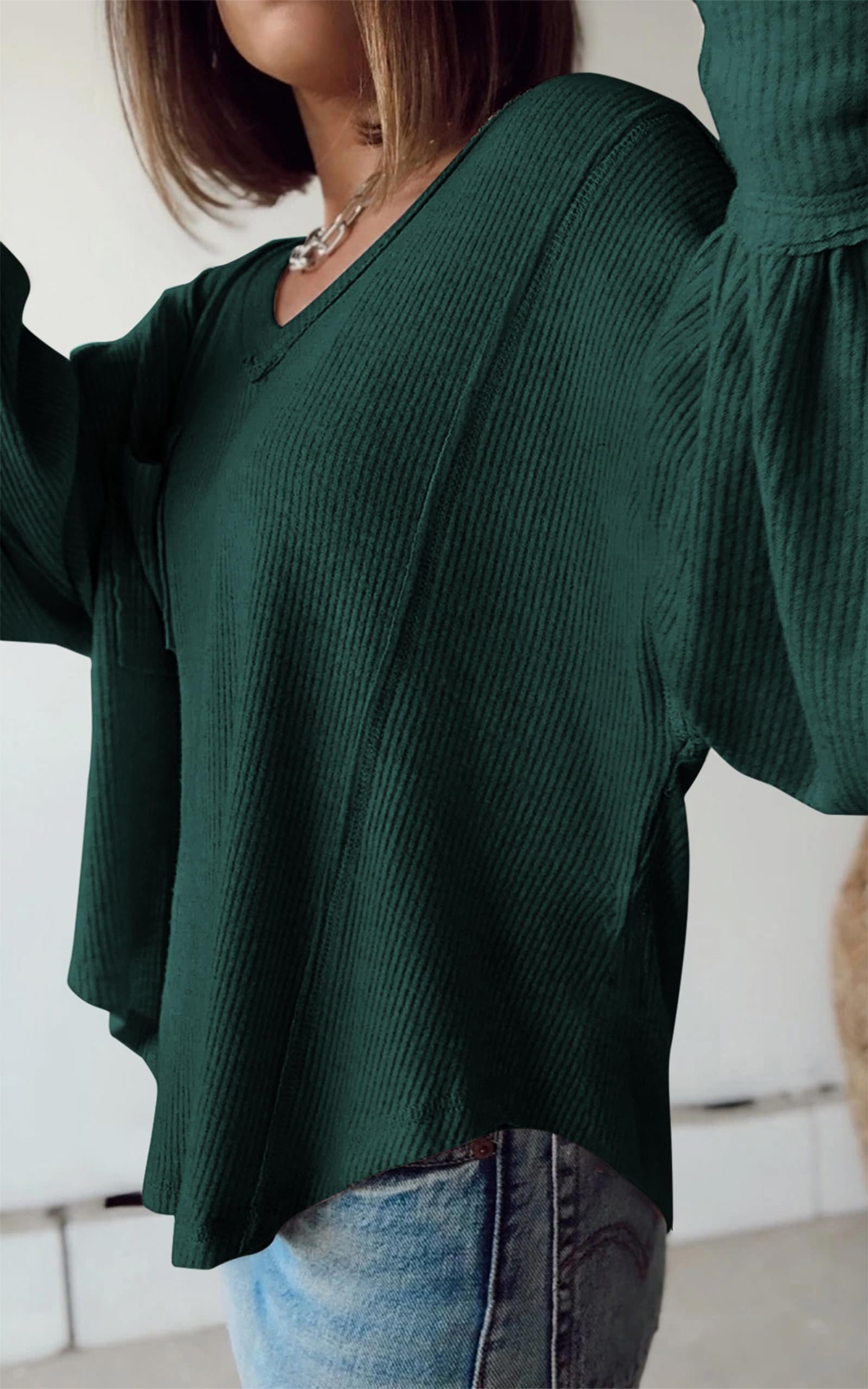 BTFBM Womens Fall Fashion Long Sleeve Shirts Casual V Neck Ribbed Knit Blouses Pullover Trendy Loose Fit Tunic Tops