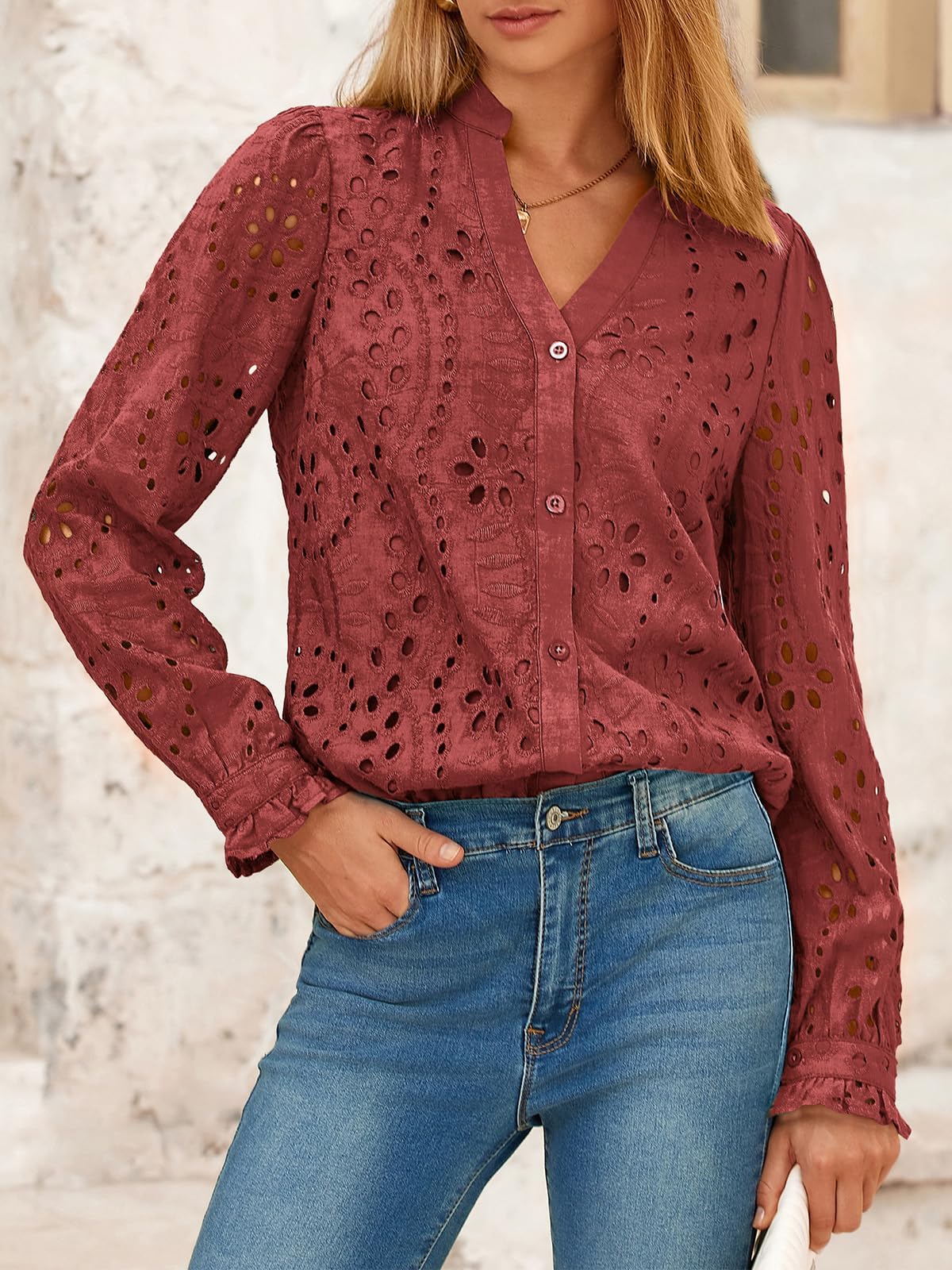 FreshPretty Women's Long Sleeve Shirts Button Down Dressy Casual Blouses V Neck Embroidery Hollow Out Tops Fall Winter Clothes
