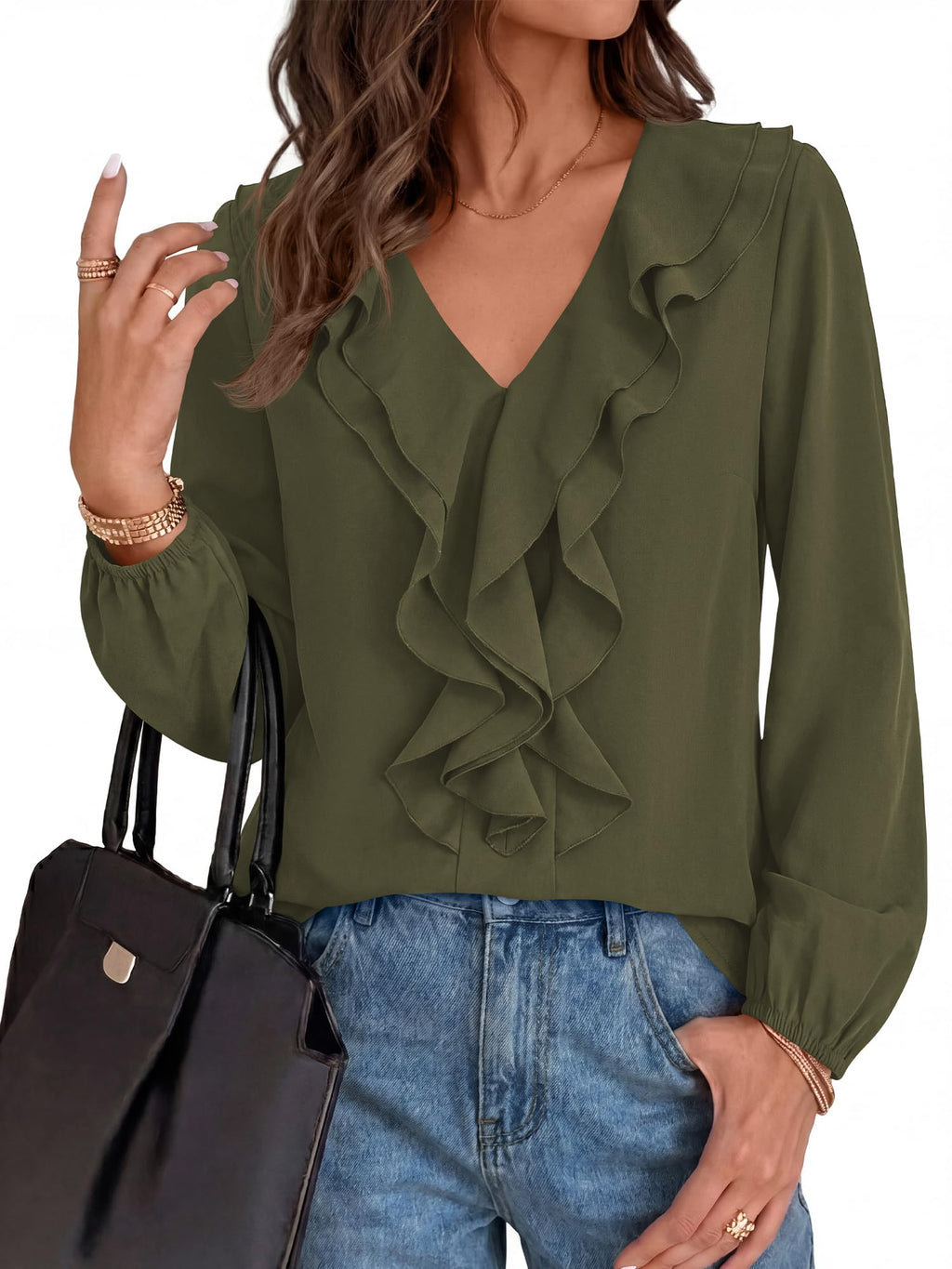 BTFBM Womens Fall Tops Ruffle Blouses Dressy Casual | Double Ruffled Collar V Neck Long Sleeve Shirts, Lightweight Fashion Clothing Trendy, Daily Business Office Work Clothes