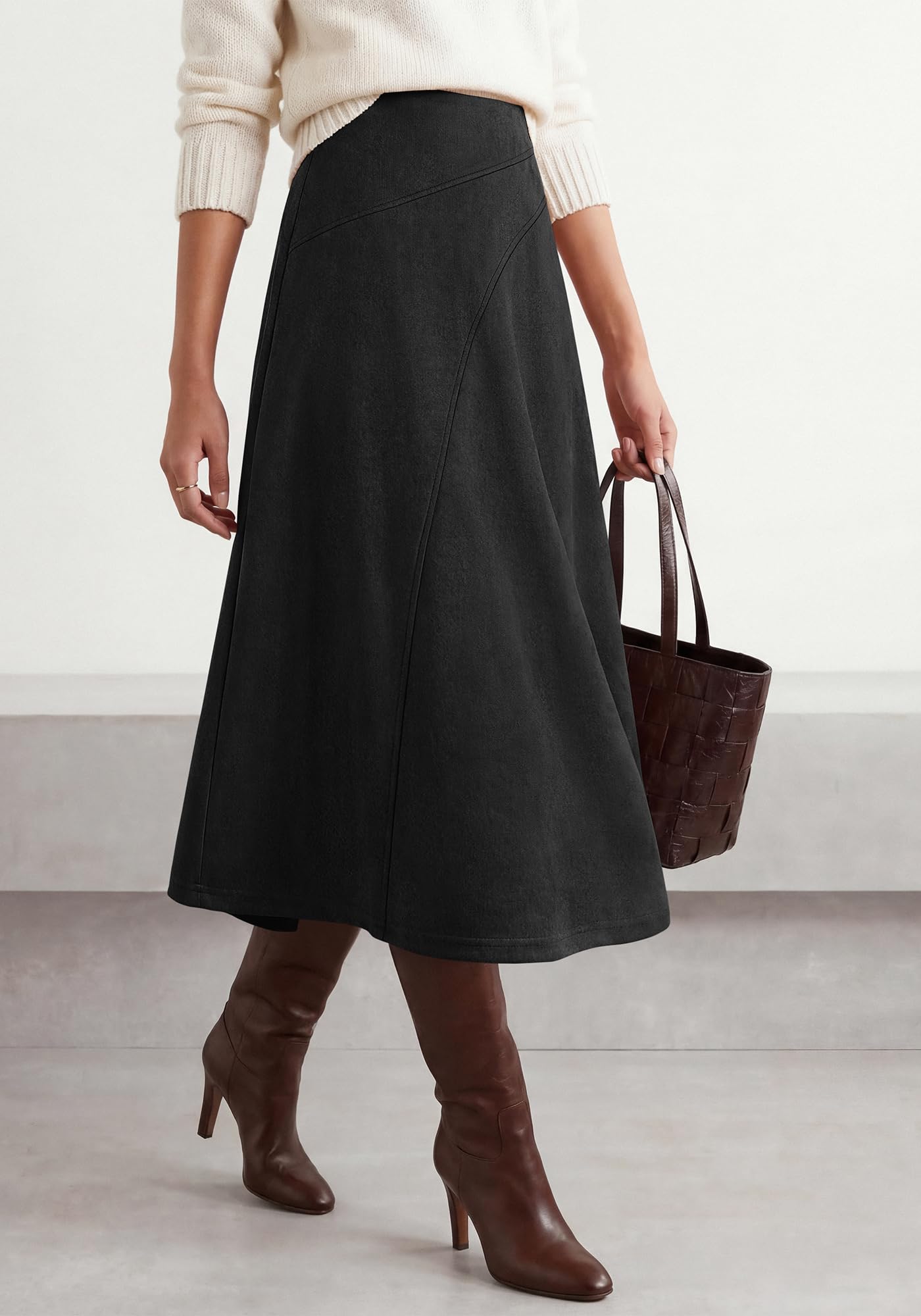 BTFBM Women Faux Suede Midi Long Skirt Fall Fashion | High Waisted Skirts For Women Trendy, Lightweight, Back Elastic, Arc Line Design, A-Line, Winter Dress, Boho Western Outfits