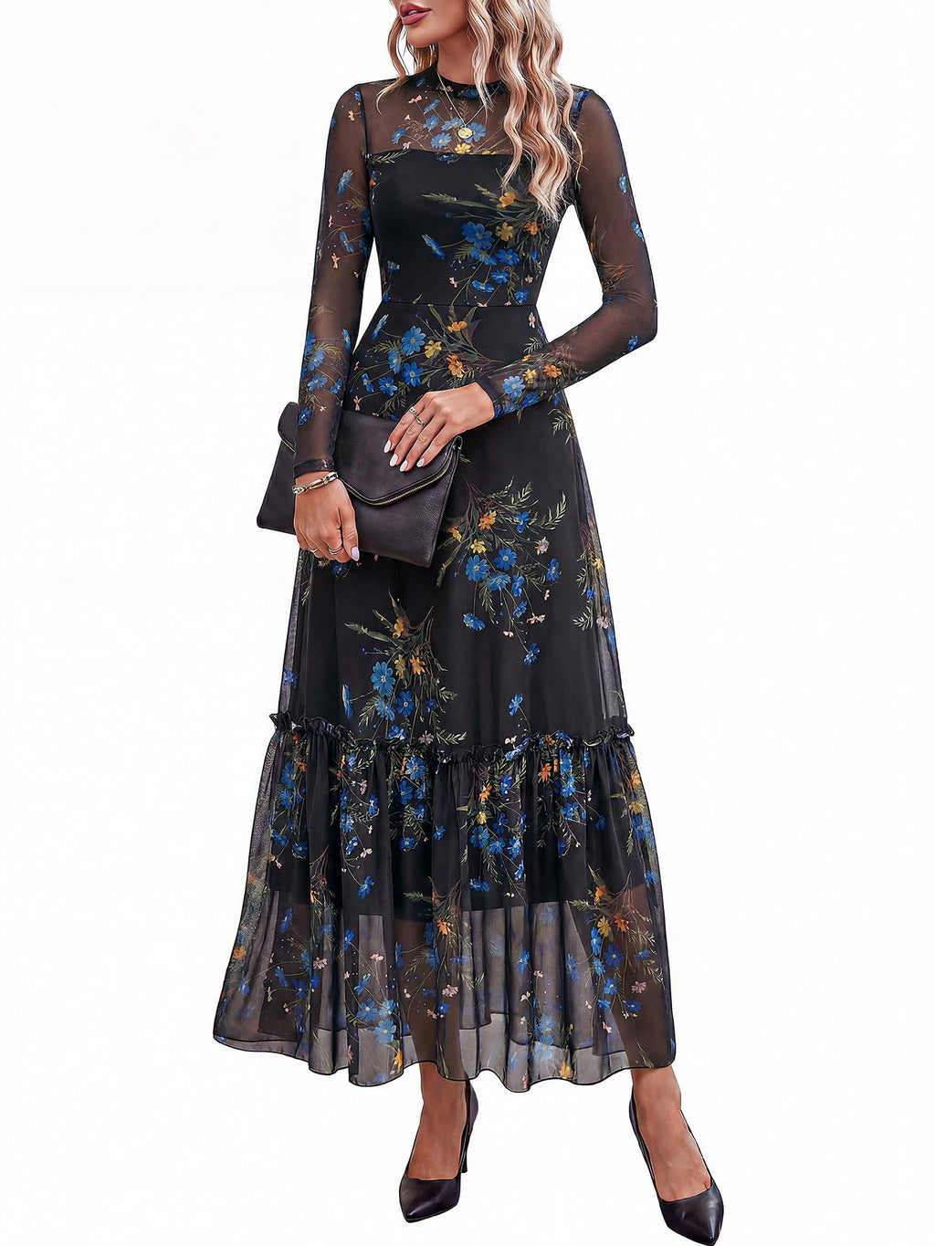 BTFBM Boho Mesh Long Sleeve Dress for Women | Mock Neck, Floral, A Line, Tiered, Graduation, Wedding, Cocktail Maxi Dresses, Fall Fashion, Resort Wear