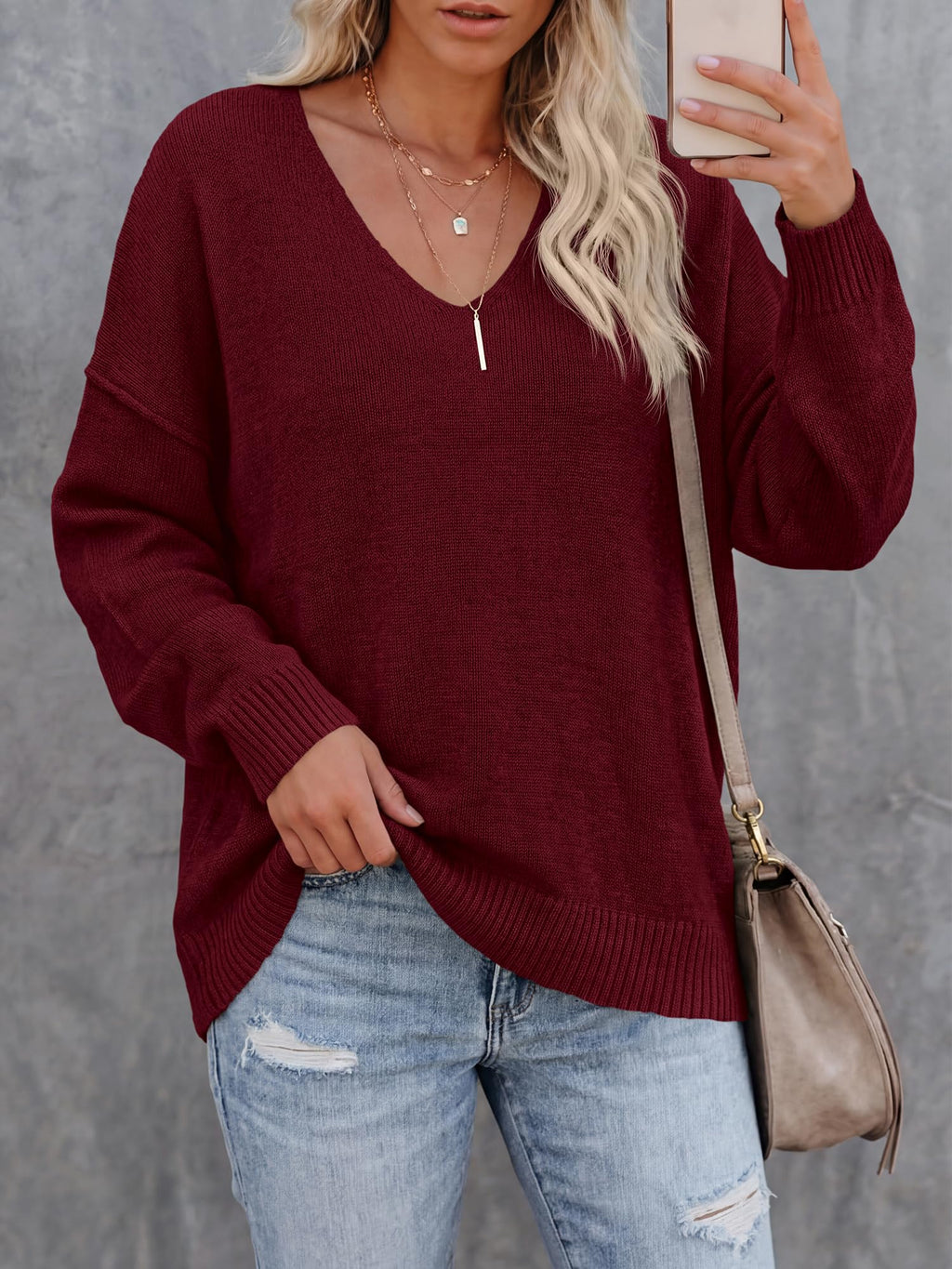 BTFBM Women's Loose Knitted Casual Sweaters | V Neck,Long Sleeve Sweater,Slouchy Pullover Tops,Fall Winter Clothes