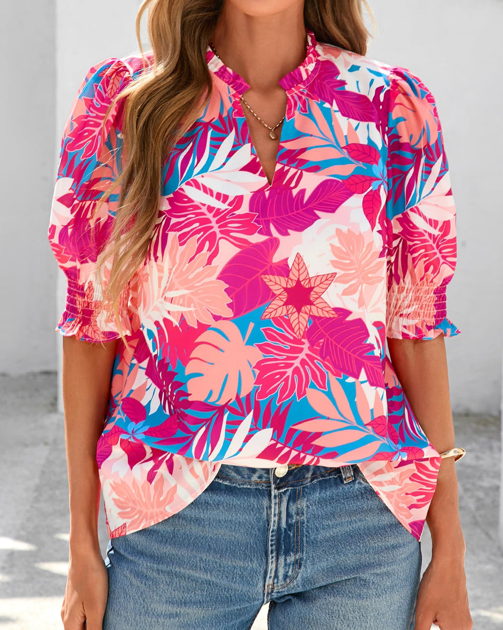 BTFBM Summer Blouses for Women Dressy Casual Fashion Spring Tops Floral Boho V Neck Puff Short Sleeve Top Shirts