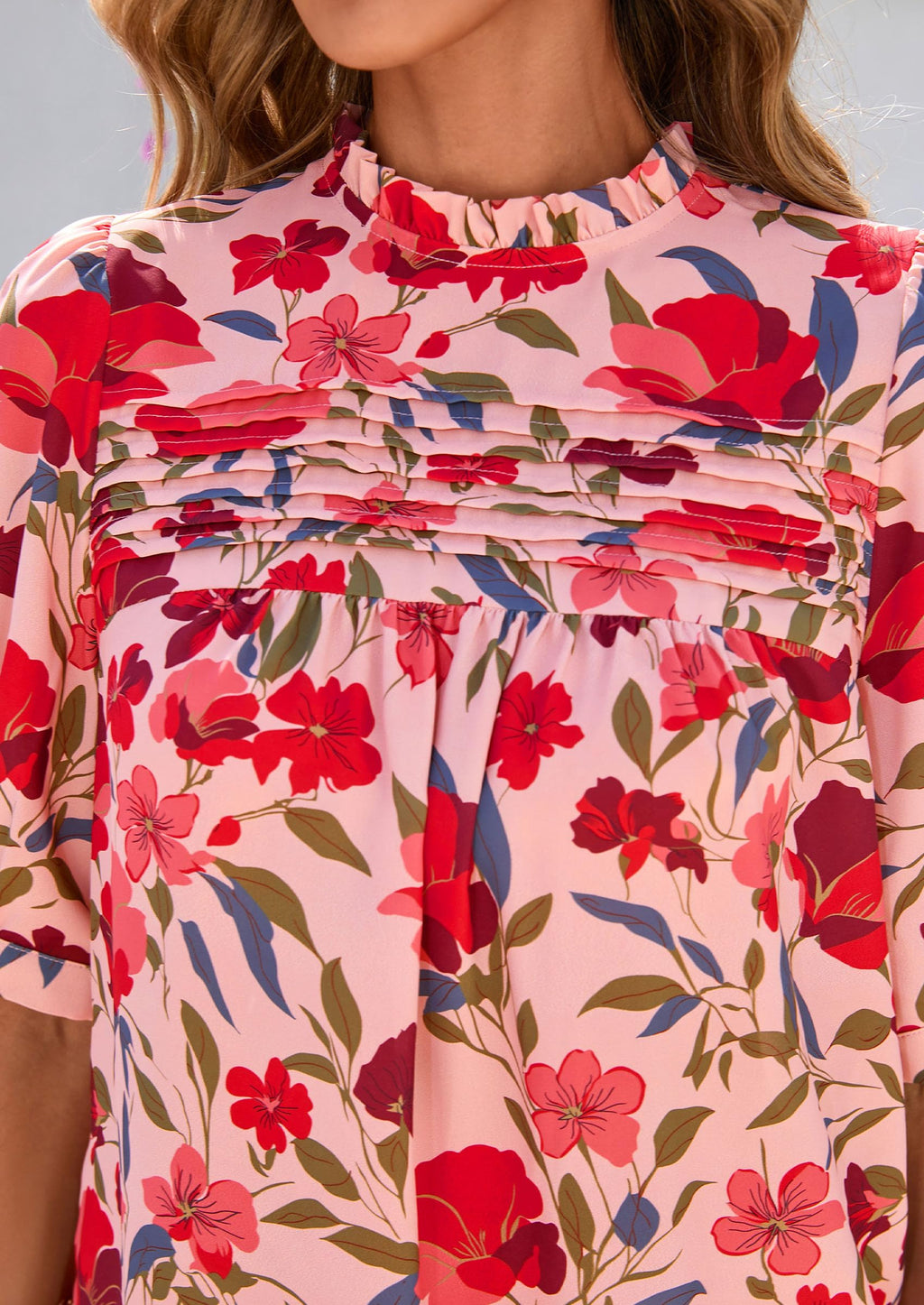 PRETTYGARDEN Floral Tops for Women Blouses Dressy Casual Summer Trendy Outfits Boho Pleated Short Sleeve Shirts