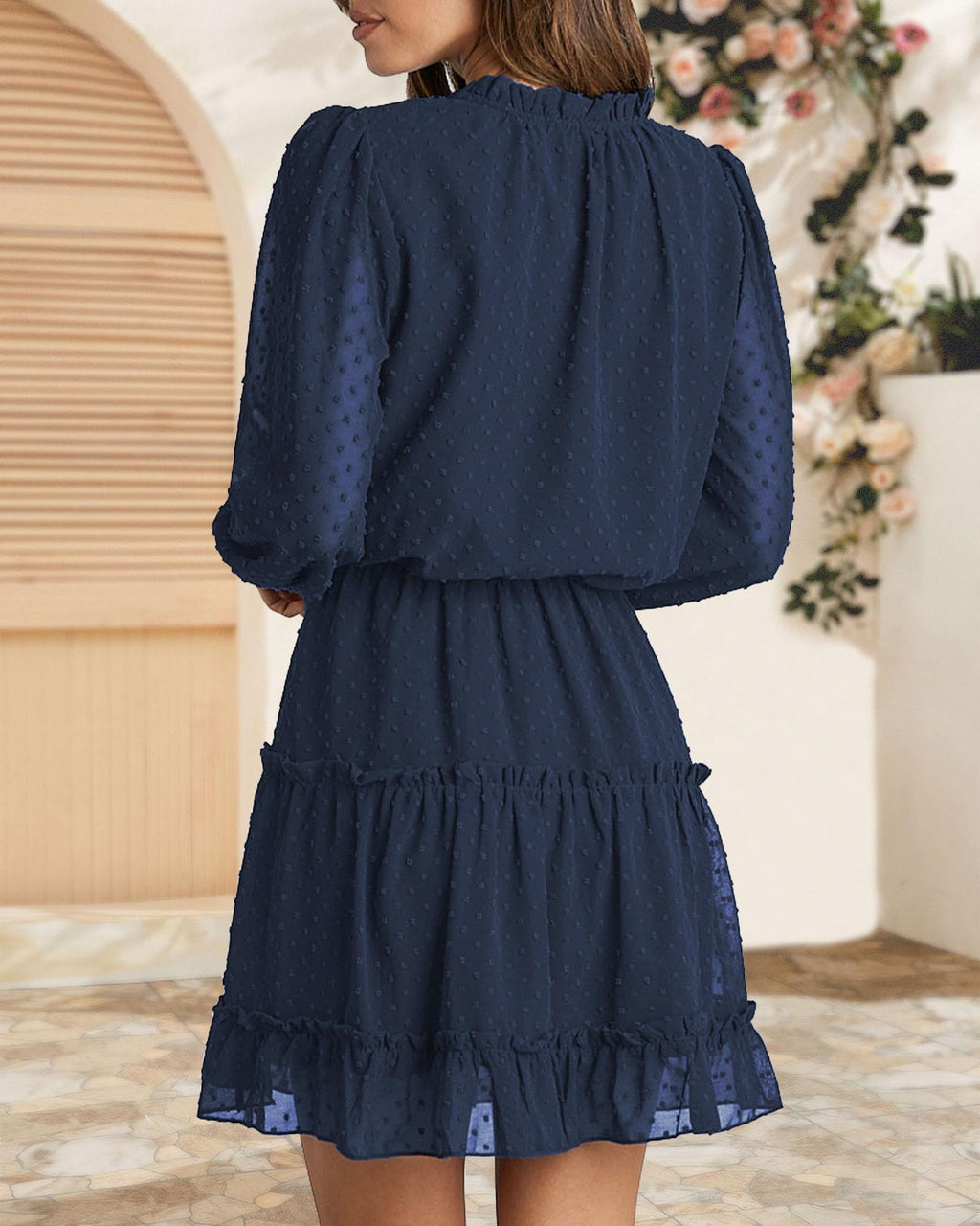 FreshPretty Long Sleeve Fall Dresses for Women Summer Casual Tie Neck Ruffle Tiered A Line Wedding Guest Short Mini Dress