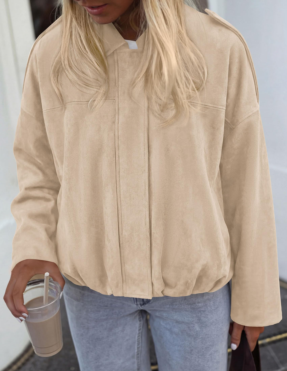PRETTYGARDEN Women's Faux Suede Cropped Bomber Jacket | Long Sleeve Zip Up Casual Going Out Jackets Coat, Oversized Loose Fit Western Outfits, Trendy Outerwear, Fall Clothes