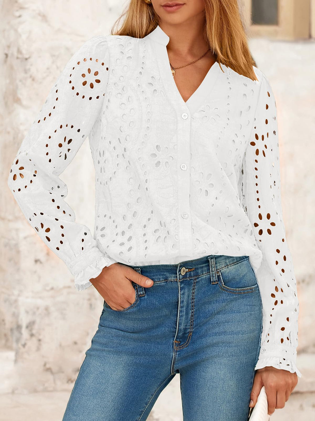 FreshPretty Women's Long Sleeve Shirts Button Down Dressy Casual Blouses V Neck Embroidery Hollow Out Tops Fall Winter Clothes