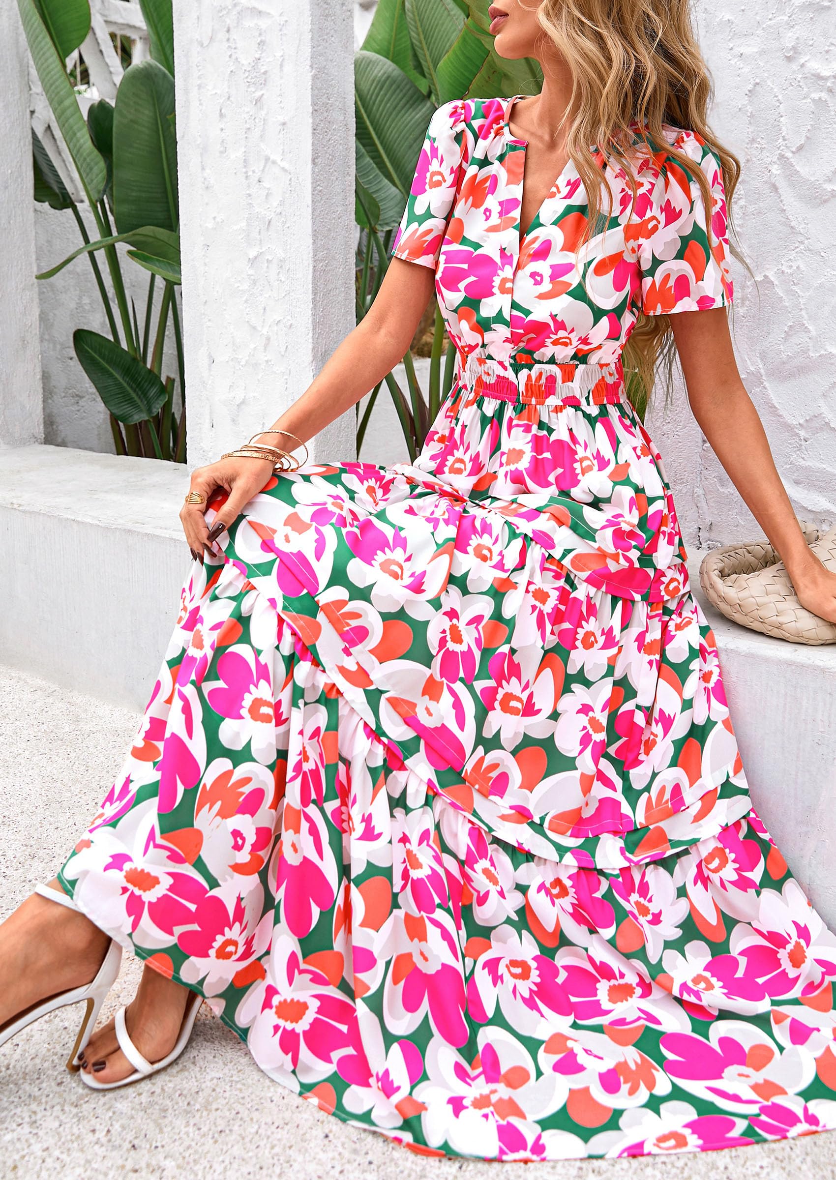 PRETTYGARDEN Summer Maxi Dresses for Women  Casual V Neck Puff Short Sleeve Smocked Flowy Beach Boho Long Floral Dress