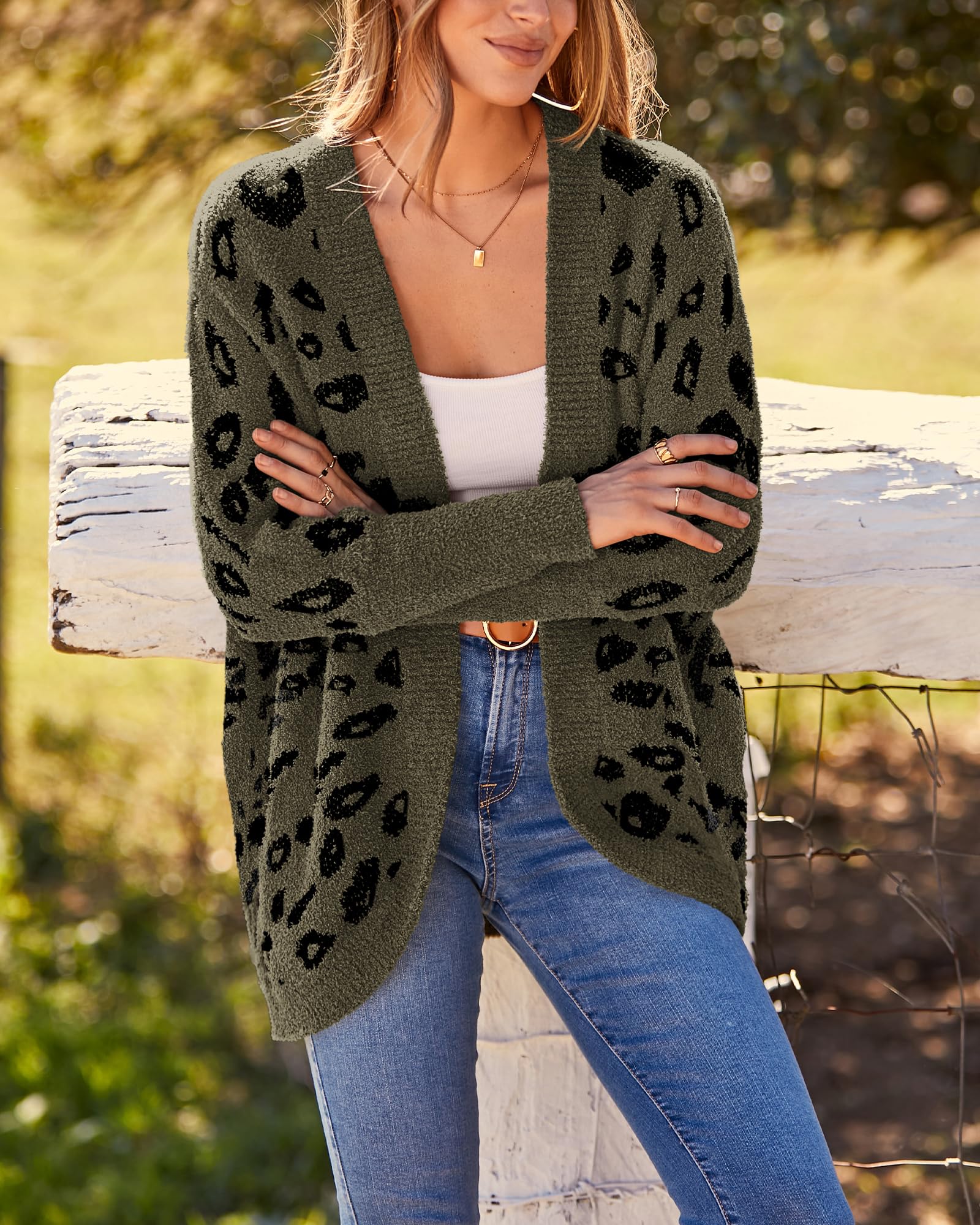 FreshPretty Leopard Cardigan for Women Long Sleeve Open Front Cardigans Sweaters Pockets Loose Knit Fall Winter Outwear