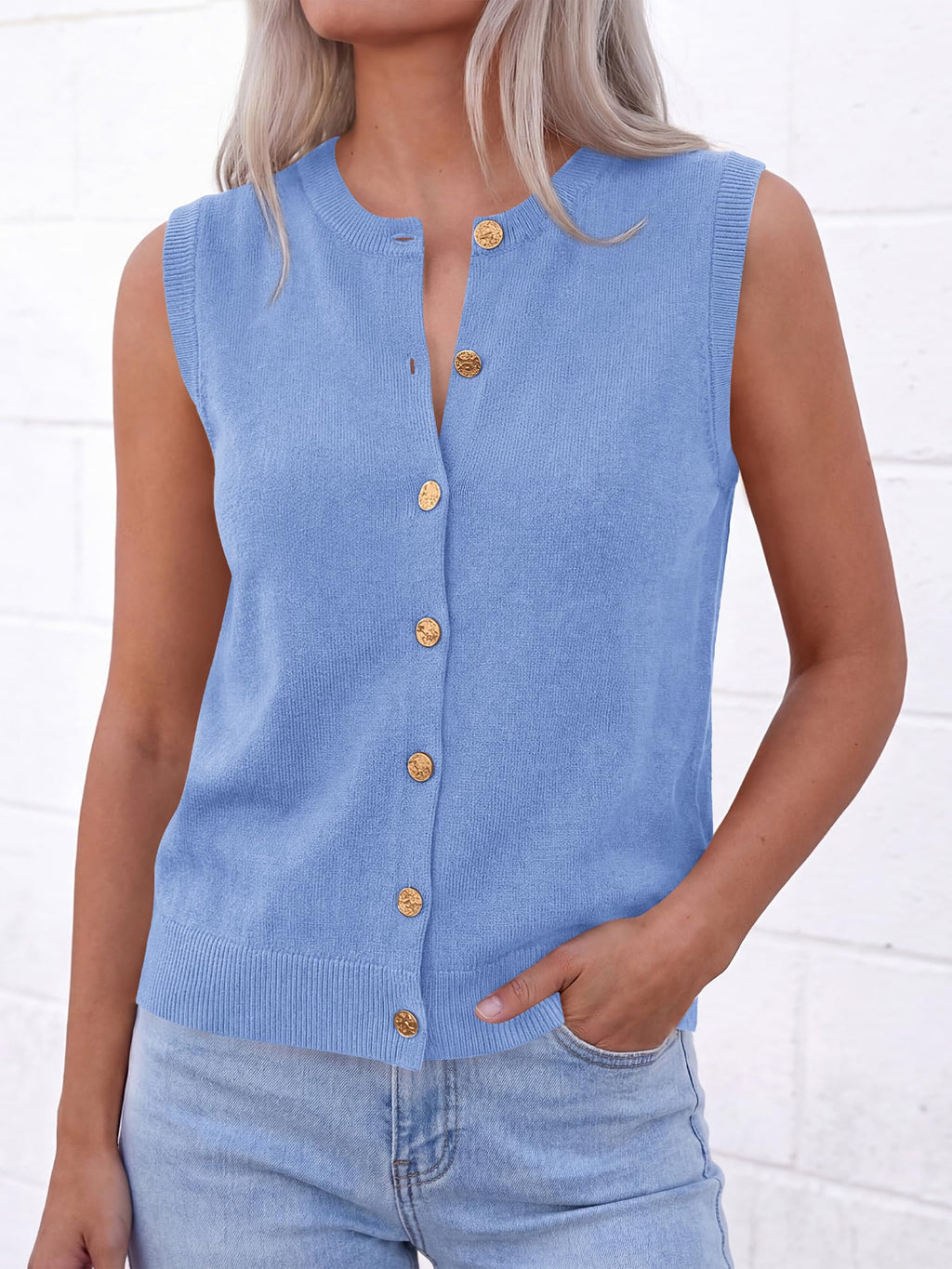 BTFBM Sweater Vest Women Casual Crewneck Loose Button Down Knit Sleeveless Cardigan Spring Clothes Summer Vest Tops