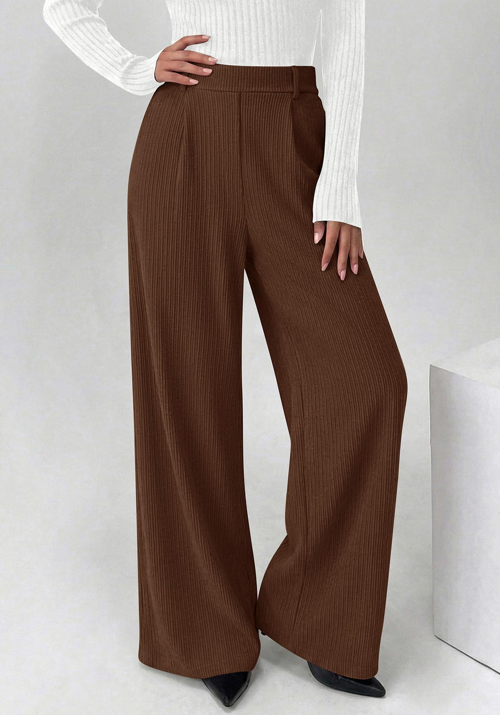 BTFBM Wide Leg Pants for Women Dressy Work Business Casual Elastic High Waisted Trousers Ribbed Lounge Palazzo Pants
