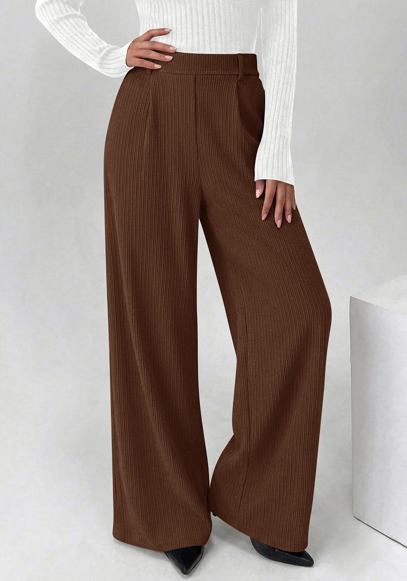 BTFBM Wide Leg Pants for Women Dressy Work Business Casual Elastic High Waisted Trousers Ribbed Lounge Palazzo Pants
