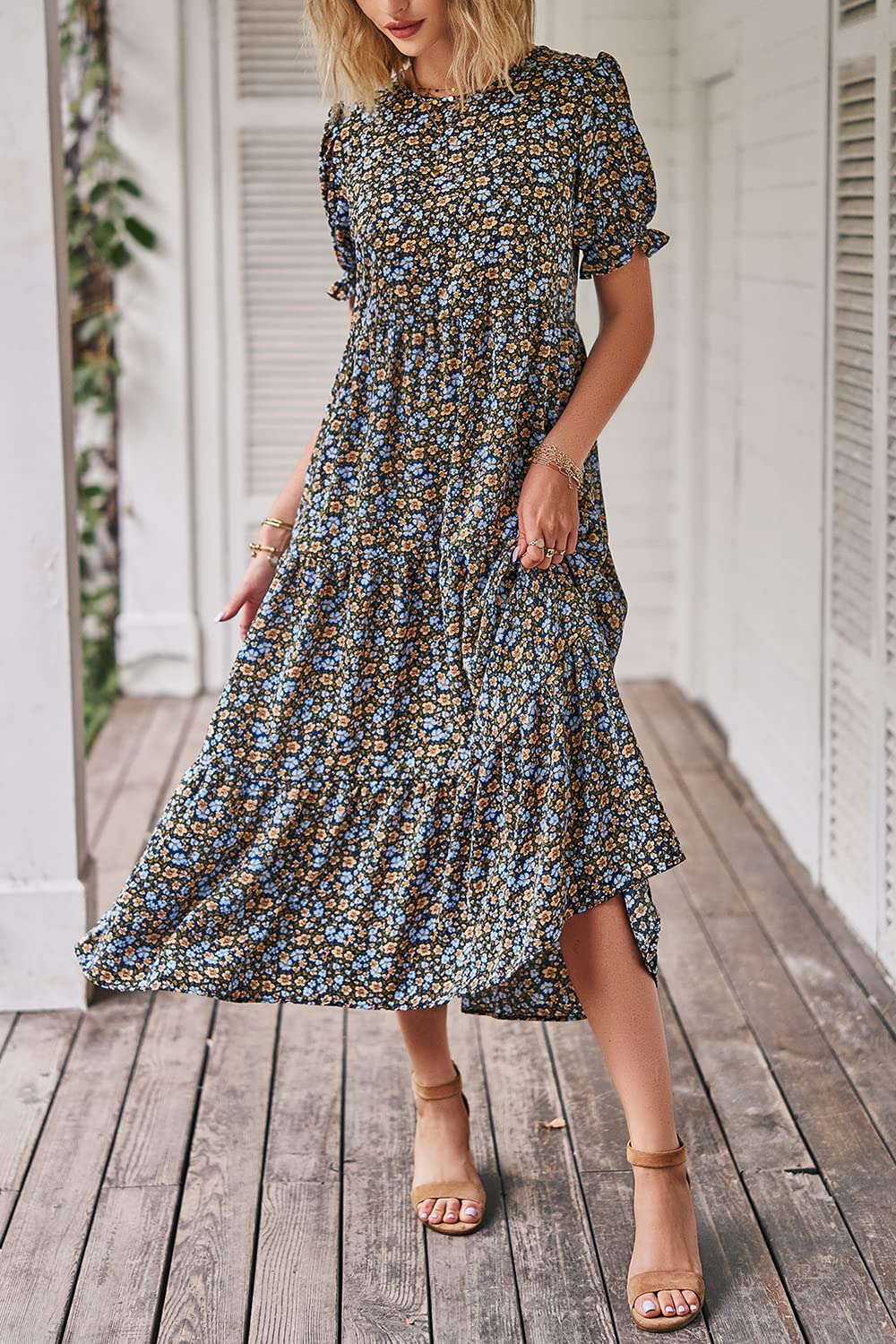 PRETTYGARDEN Summer Dresses for Women Casual Floral Boho Midi Sun Dress Puff Short Sleeve Flowy Beach Vacation Sundress